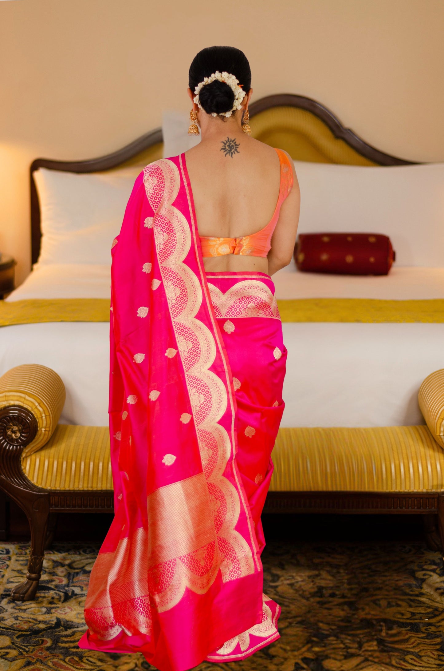 Rani Pink Colour with Gold Jari Mix Texture Colour Handwoven Kadwa Katan Silk Banarasi Saree