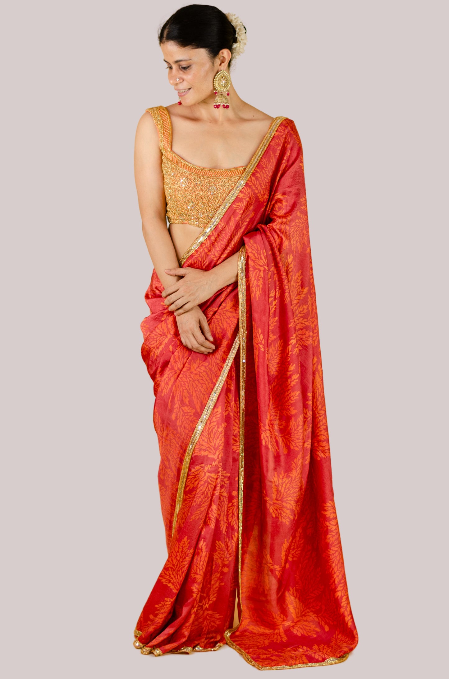 Handloom Hand Block Printed & Hand Embroidered Mulberry Silk Saree