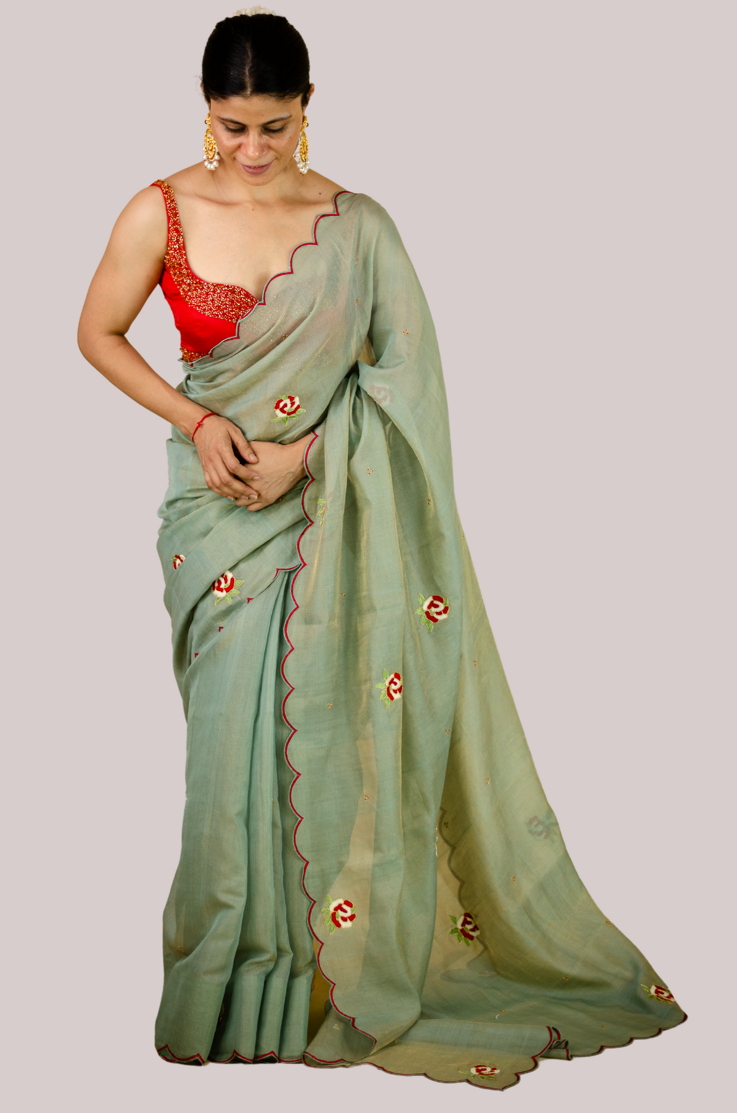 Sequence & Resham thread Hand Embroidered Handloom tissue Silk Saree.