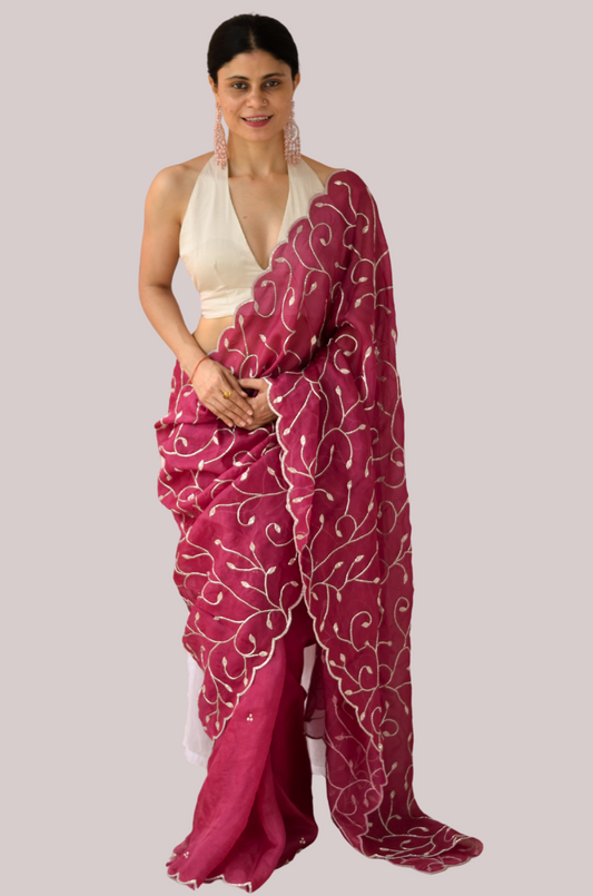 Zardosi and Sequence Hand Embroidered Handloom Organza Silk Saree