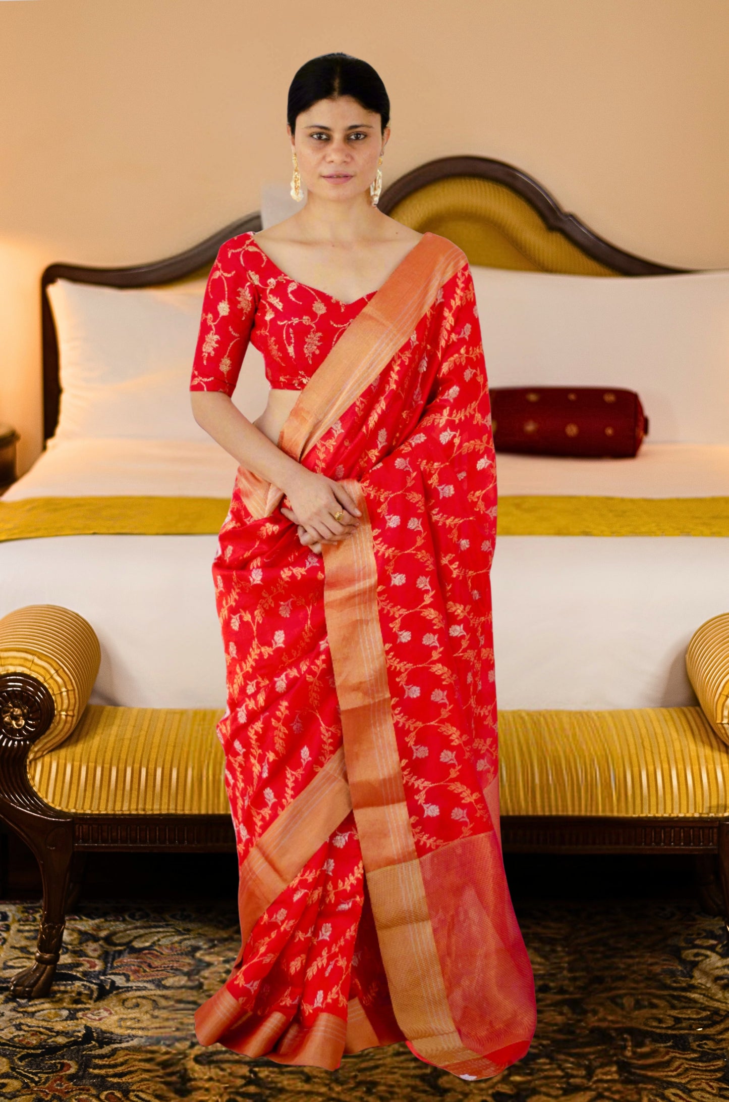 Red Colour Handloom Chanderi Pattu Silk Saree with Jaal motifs