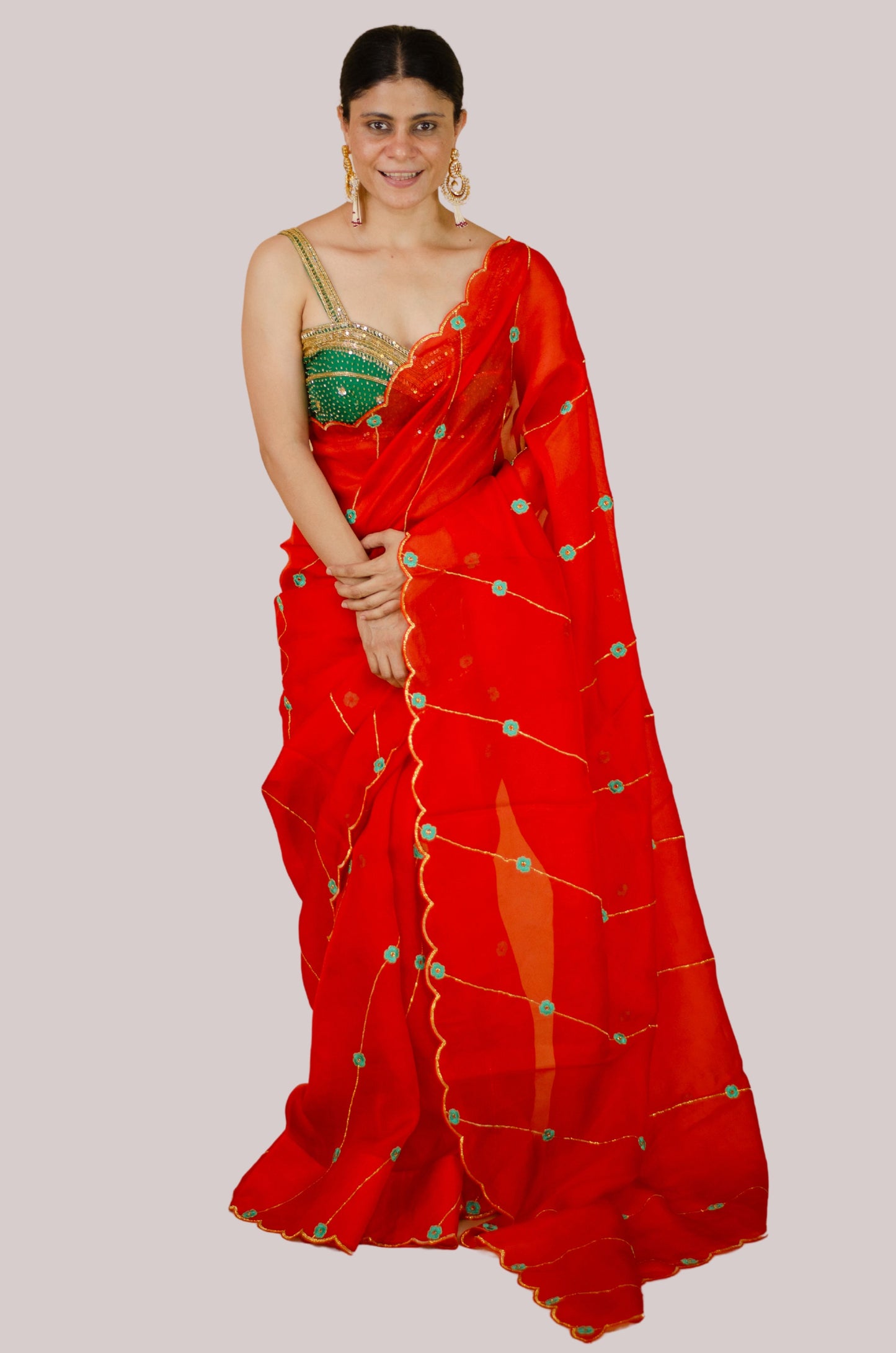 Sequence & Resham thread Hand Embroidered Handloom Organza Silk Saree.