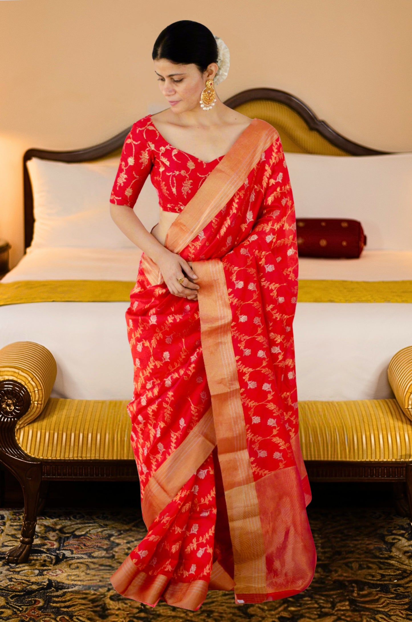Red Colour Handloom Chanderi Pattu Silk Saree with Jaal motifs