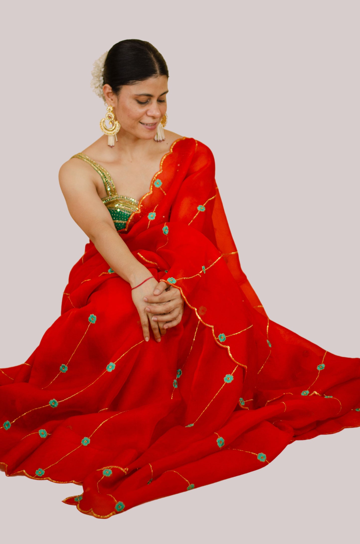 Sequence & Resham thread Hand Embroidered Handloom Organza Silk Saree.
