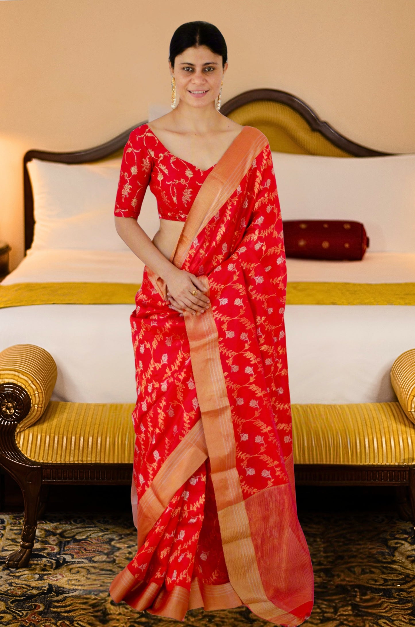 Red Colour Handloom Chanderi Pattu Silk Saree with Jaal motifs