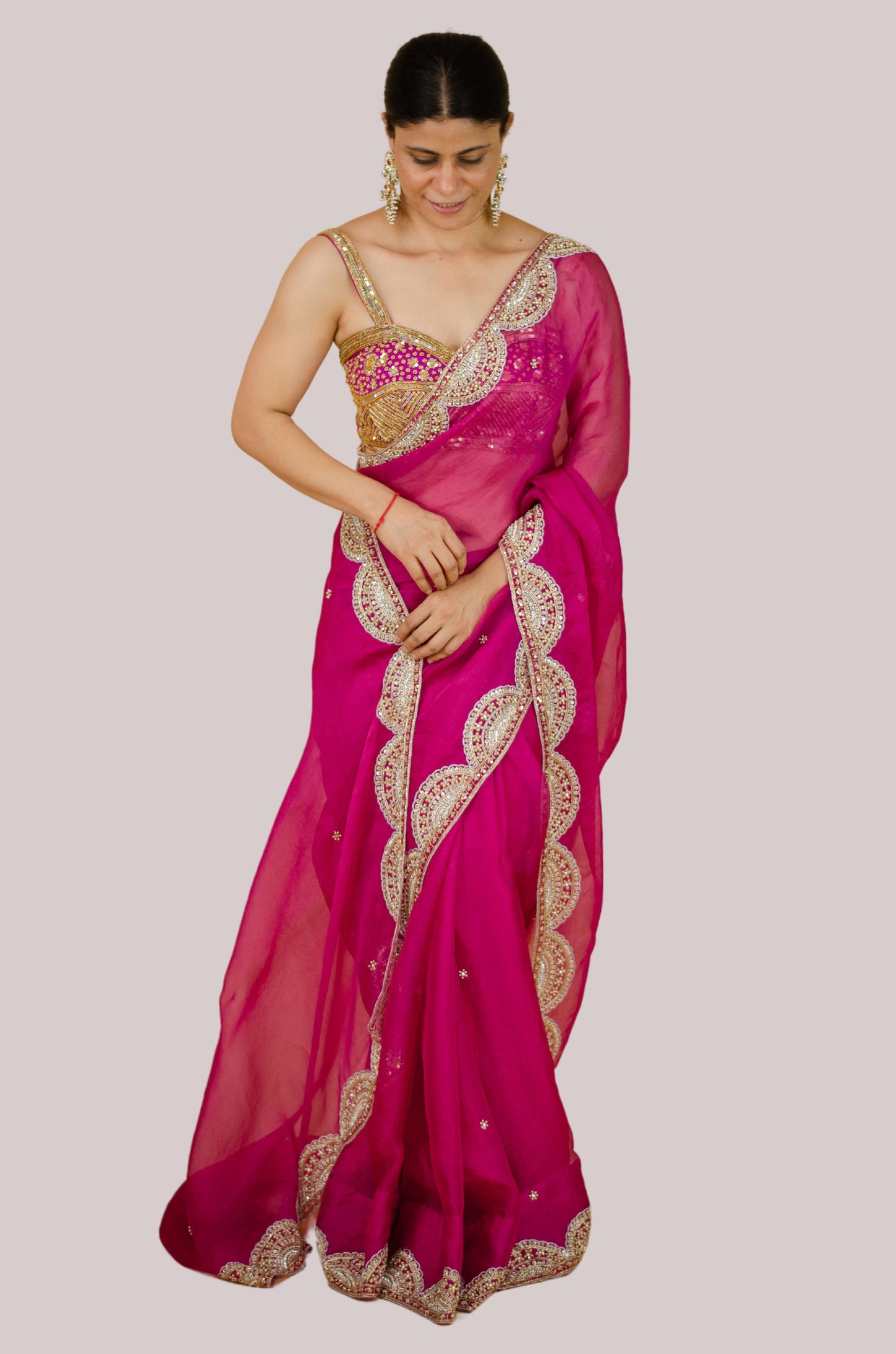 Zardosi and Sequence and Beads Hand Embroidered Handloom Organza Silk Saree