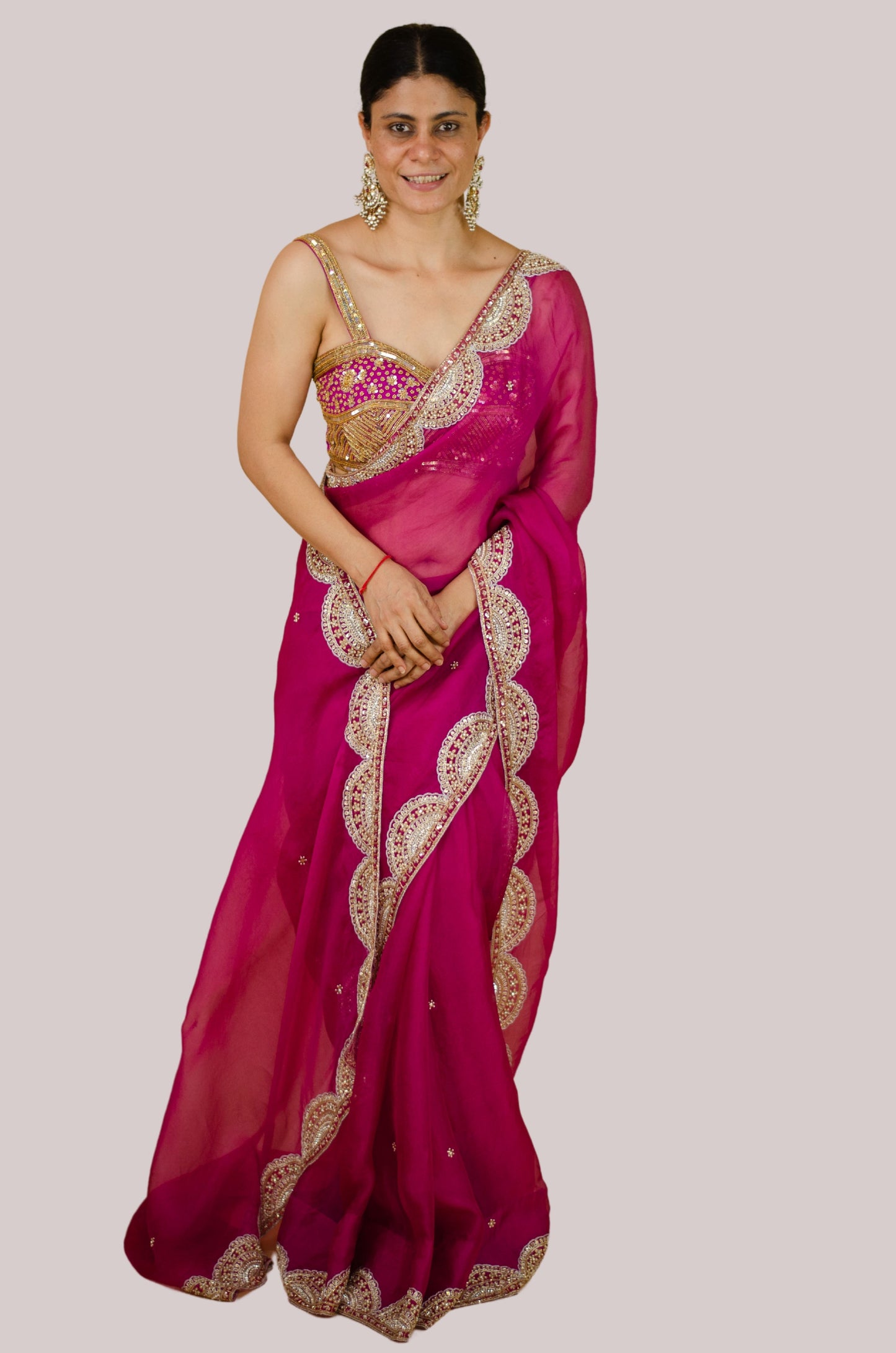 Zardosi and Sequence and Beads Hand Embroidered Handloom Organza Silk Saree