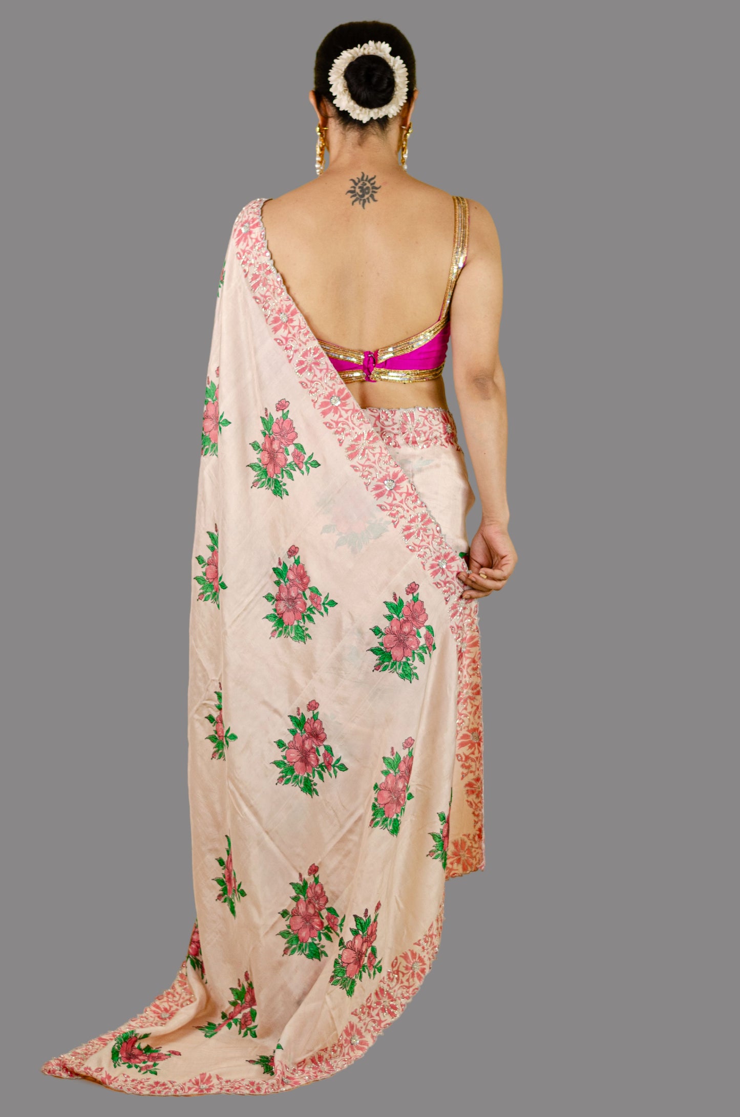 Handloom Hand Block Printed & Hand Embroidered Mulberry Silk Saree