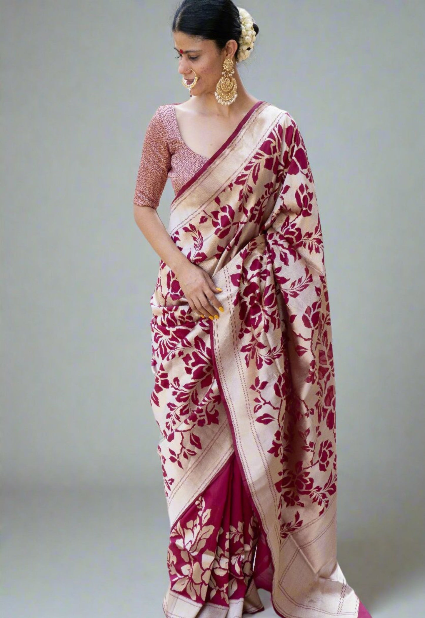 Magenta Colour Cut Work Handloom Katan Silk Banarasi Designer Saree