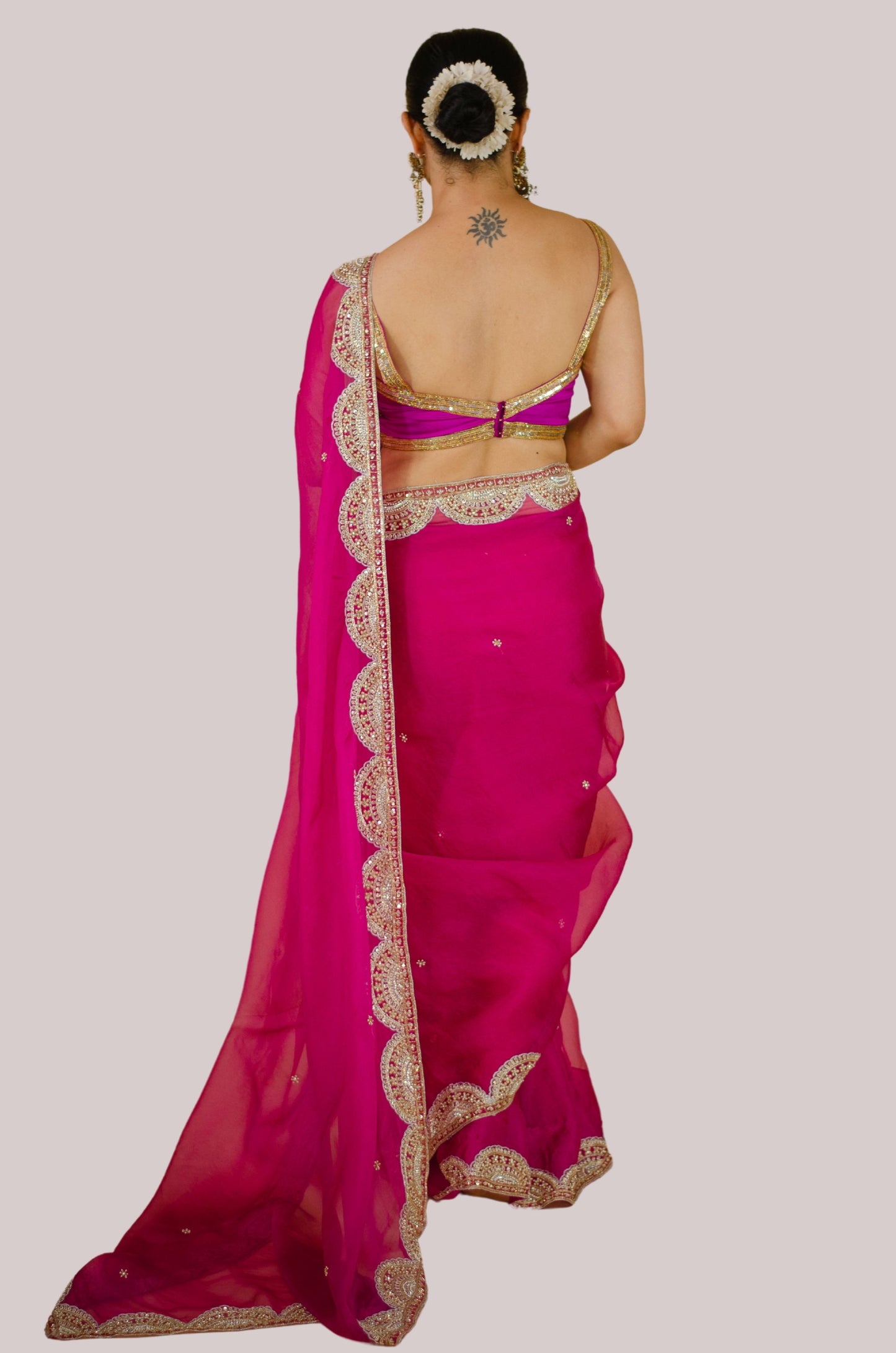 Zardosi and Sequence and Beads Hand Embroidered Handloom Organza Silk Saree