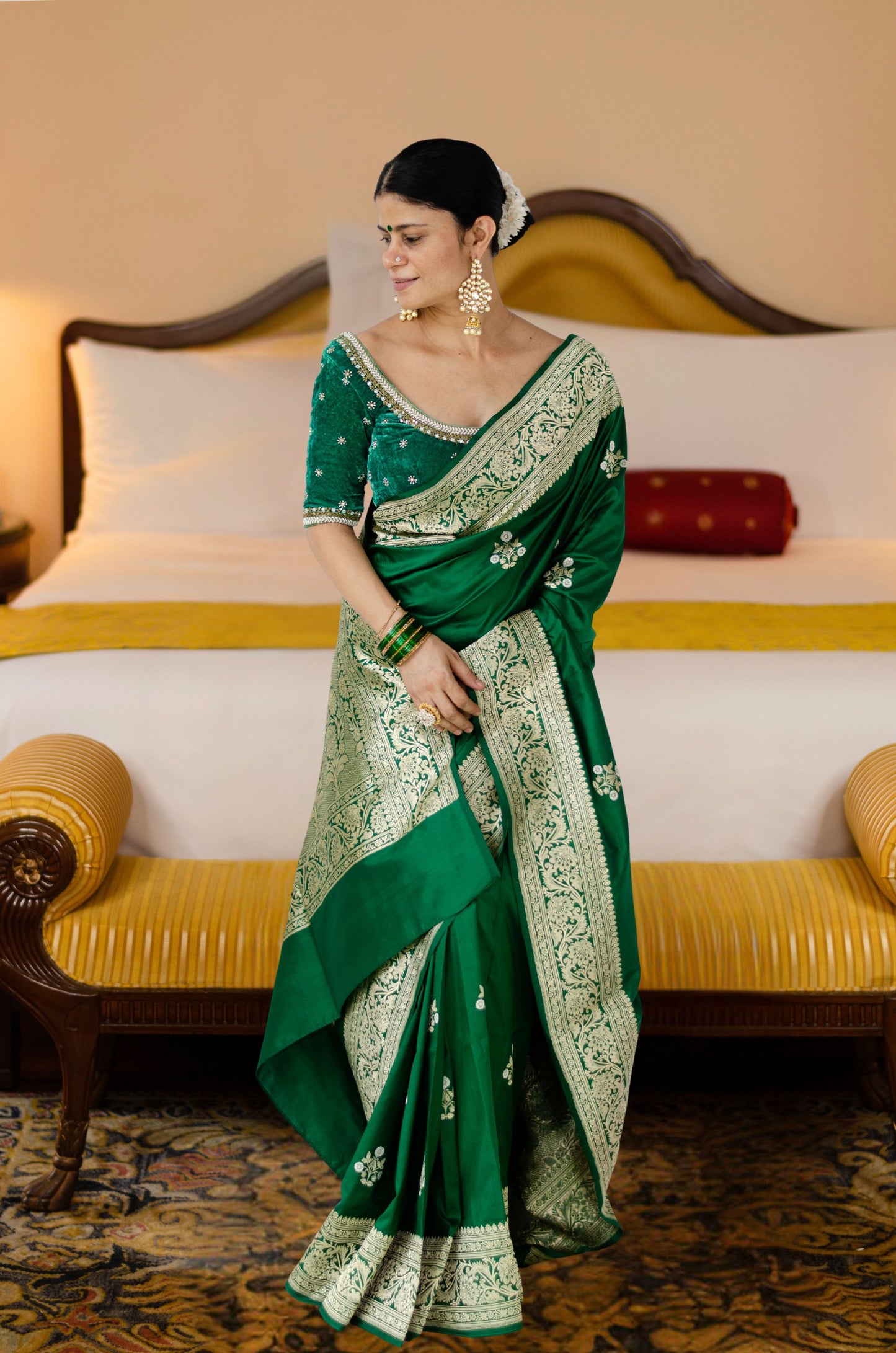 Bottle Green Colour Meenakari /Silver Jangle kadwa Weaving Handwoven Katan Mulbery Silk Saree