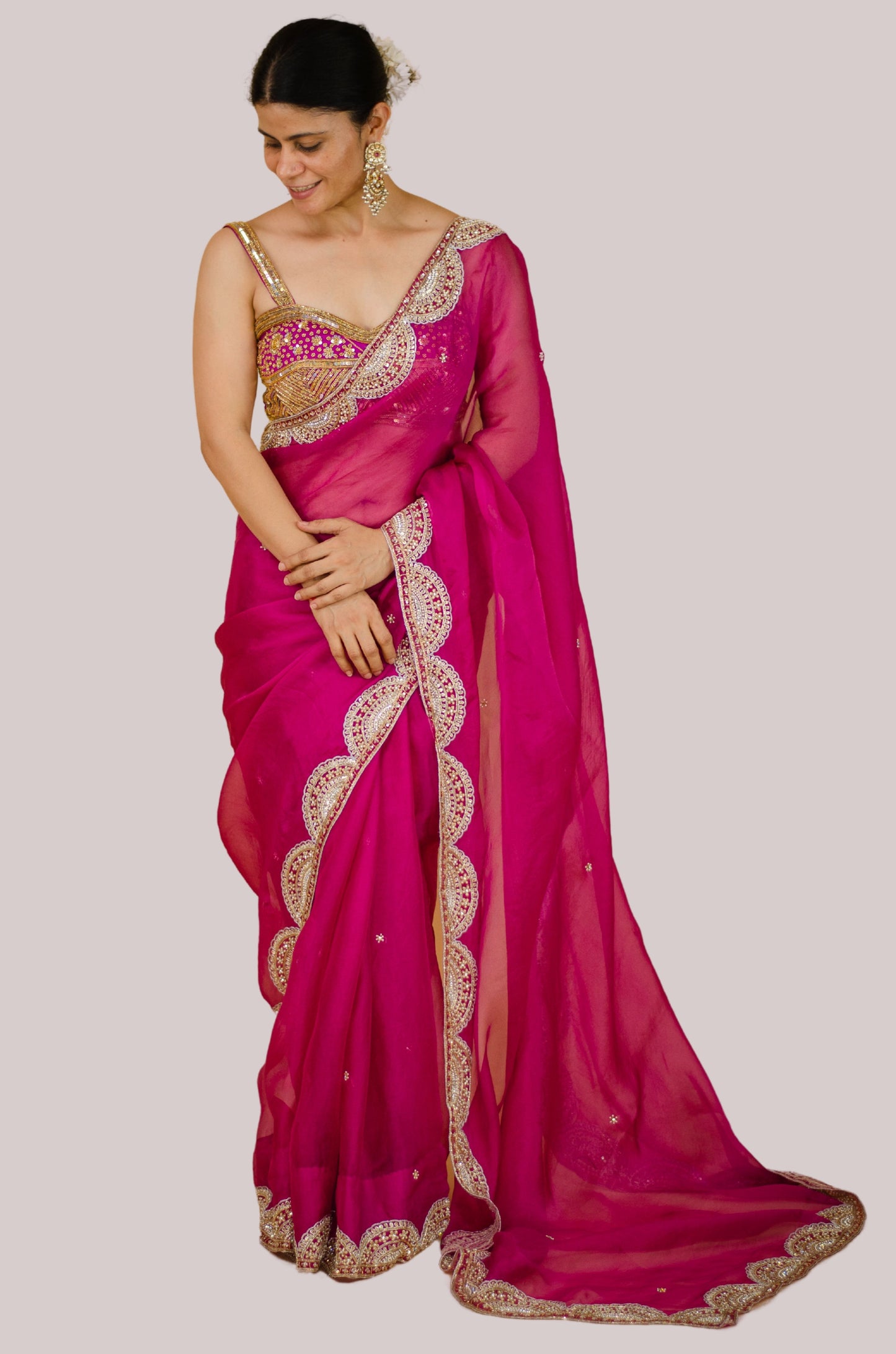 Zardosi and Sequence and Beads Hand Embroidered Handloom Organza Silk Saree
