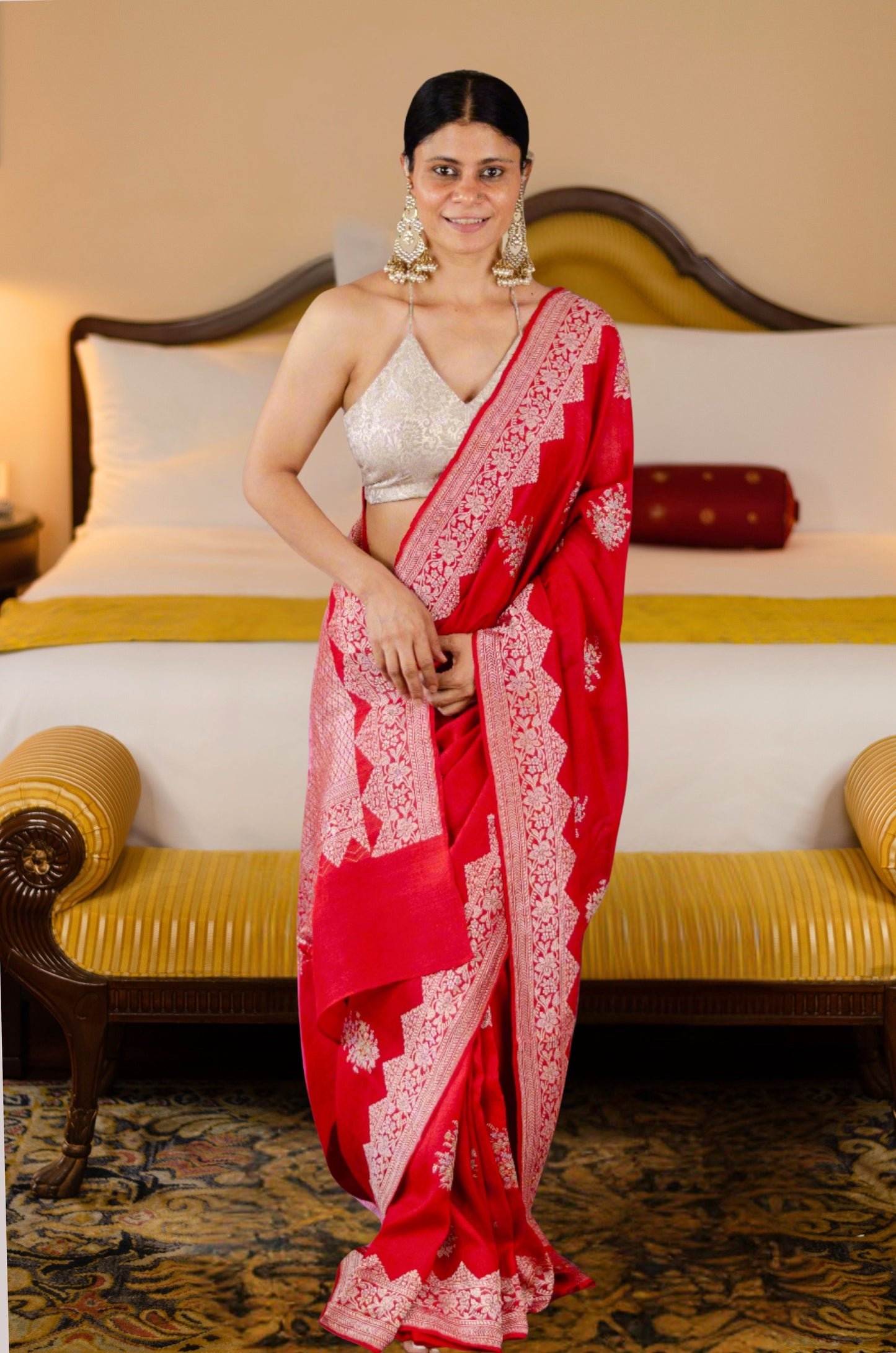 Red Colour Handwoven Kadwa Meenakari Moonga Tussar Silk