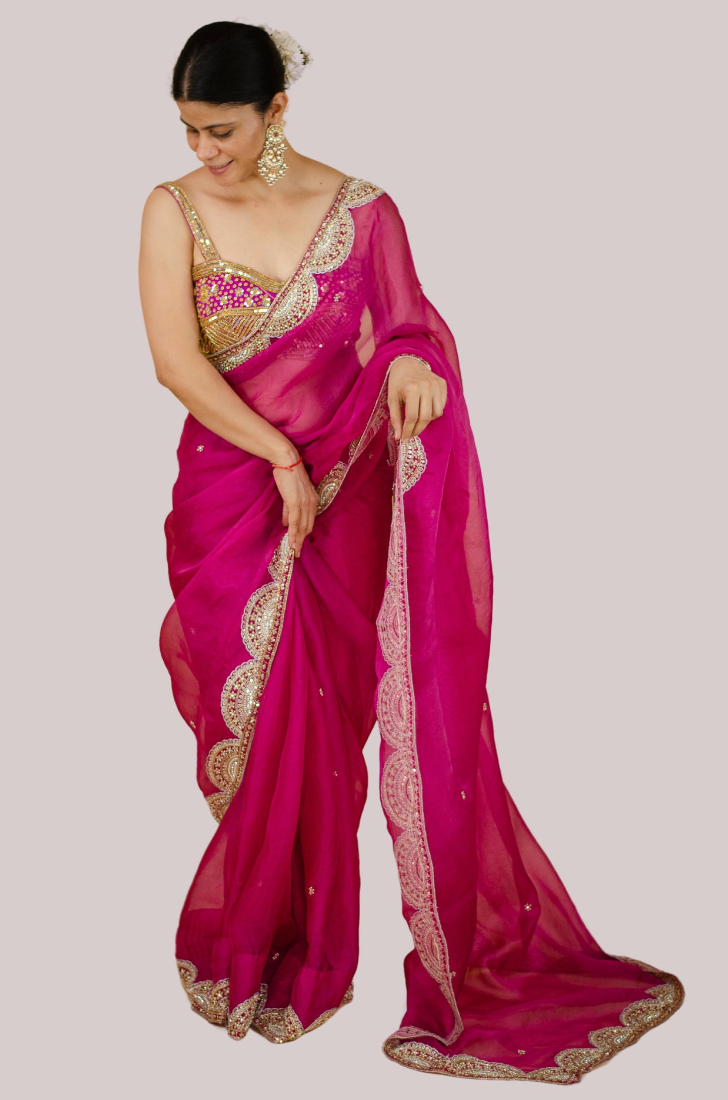 Zardosi and Sequence and Beads Hand Embroidered Handloom Organza Silk Saree