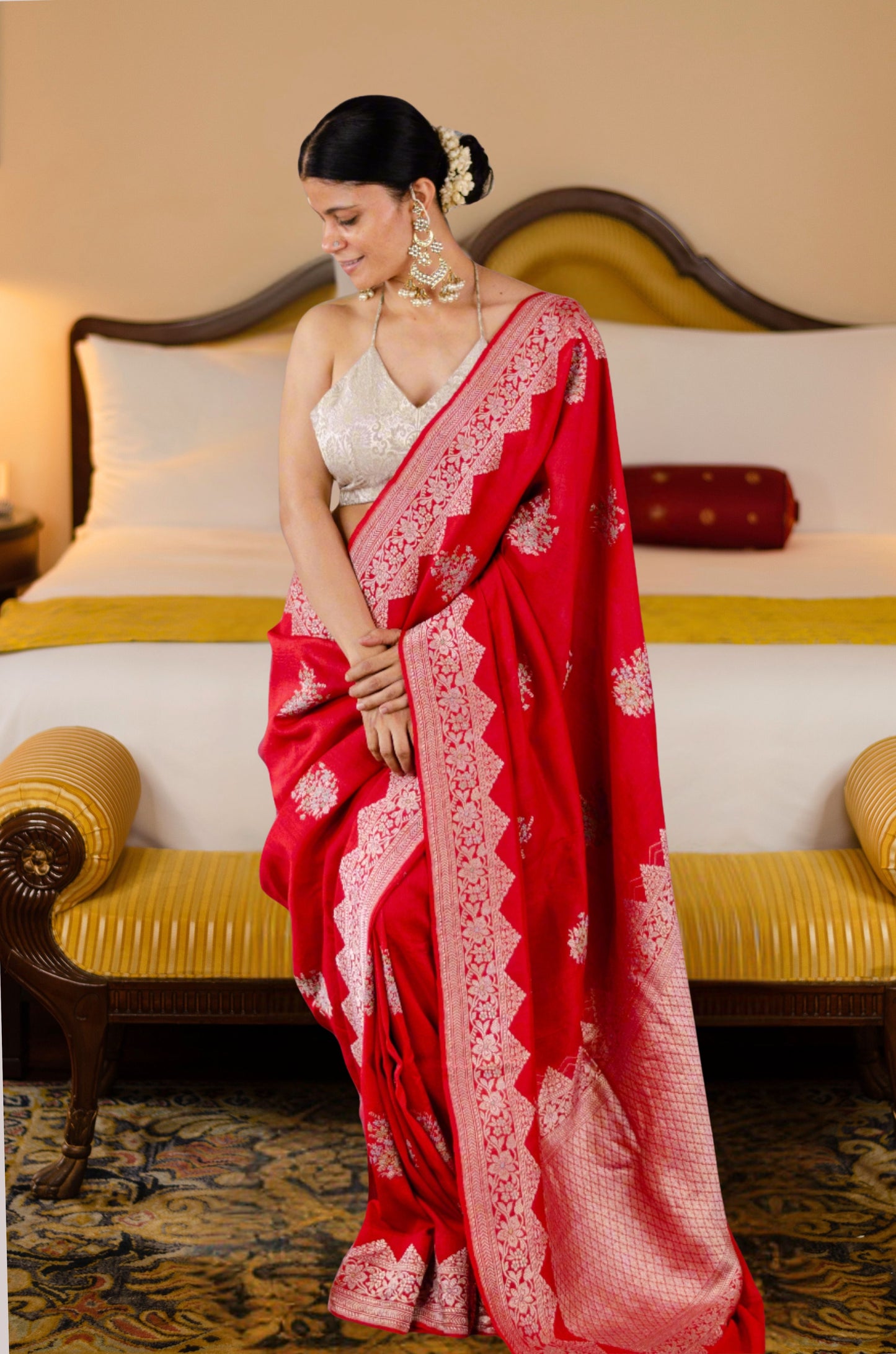 Red Colour Handwoven Kadwa Meenakari Moonga Tussar Silk