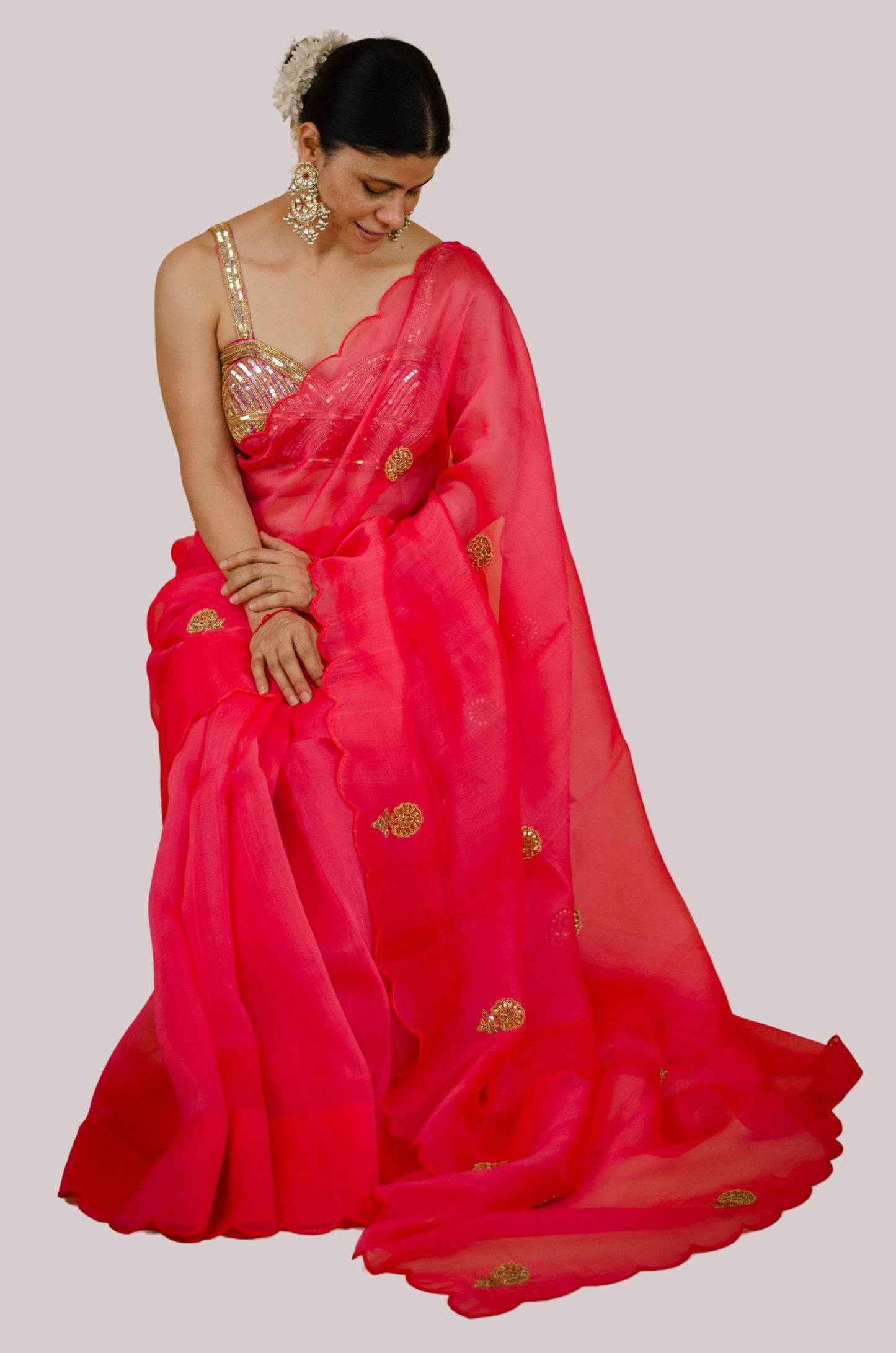 Sequence And Beads Hand Embroidered Handloom Organza Silk Saree.