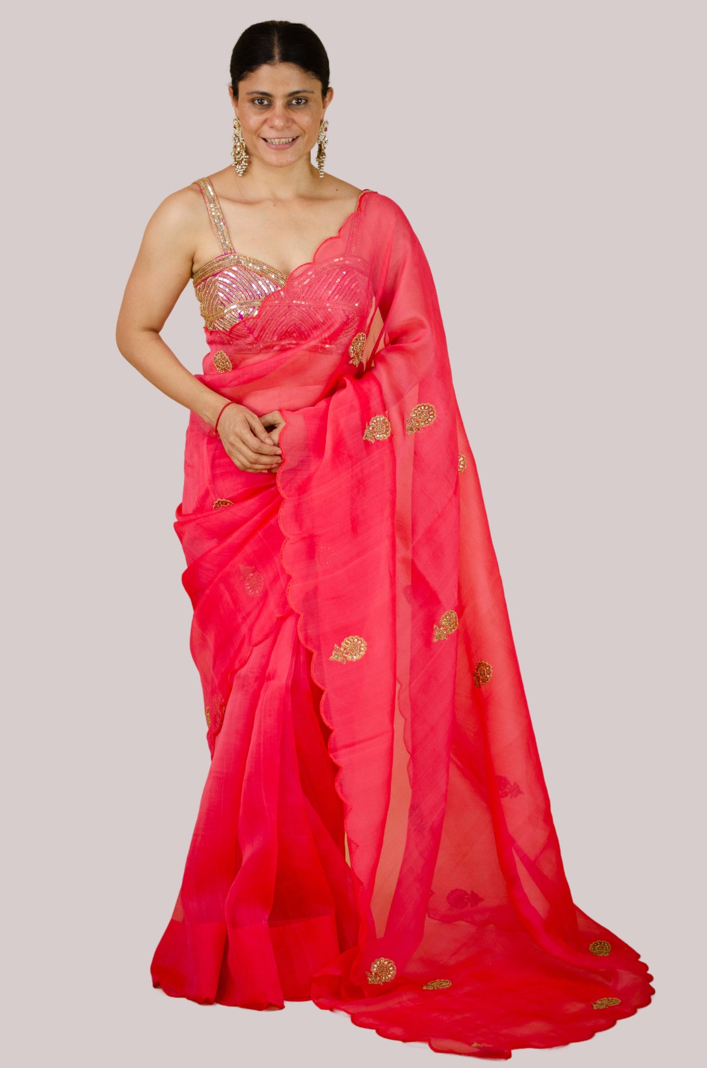 Sequence And Beads Hand Embroidered Handloom Organza Silk Saree.