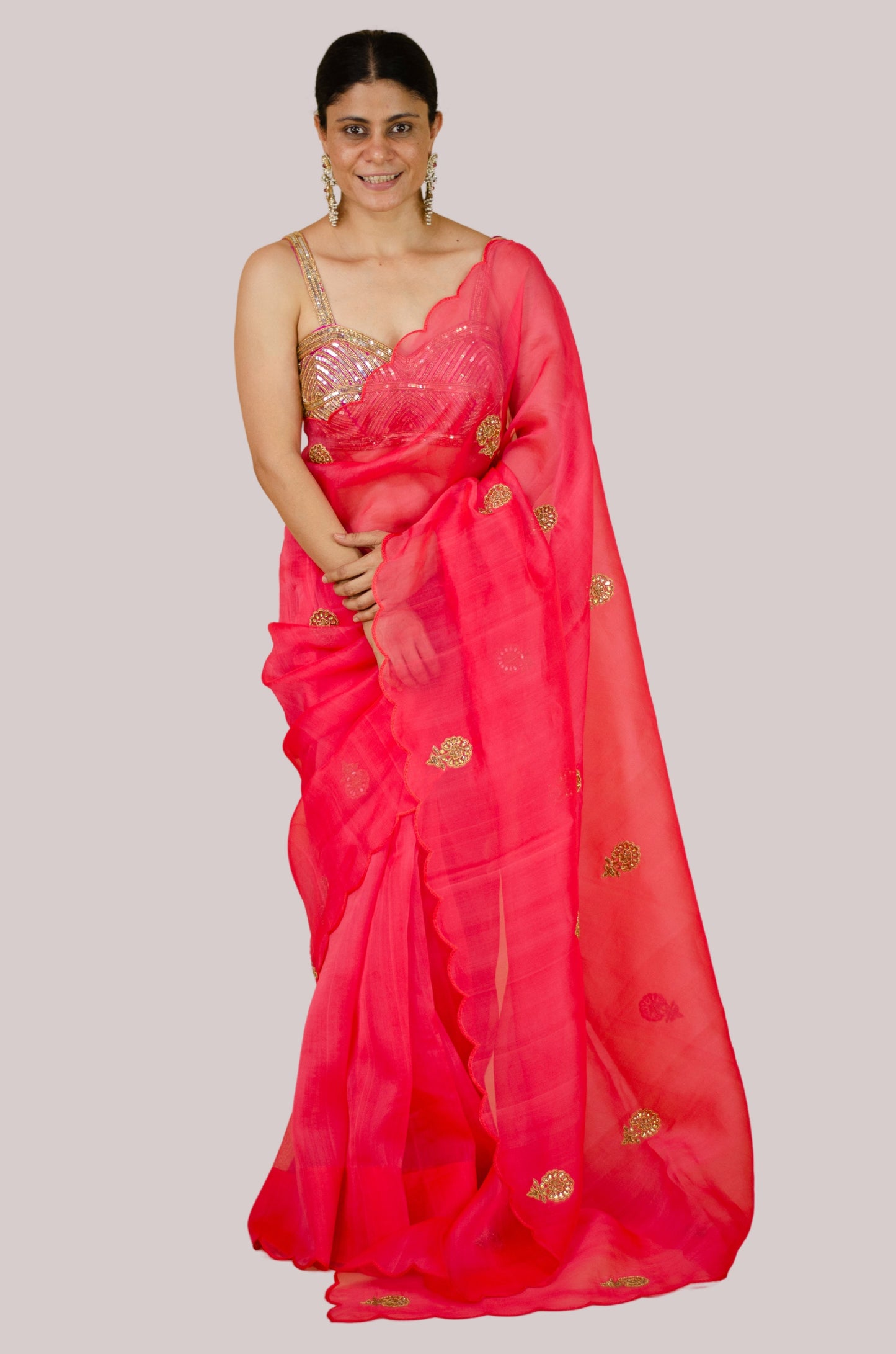 Sequence And Beads Hand Embroidered Handloom Organza Silk Saree.
