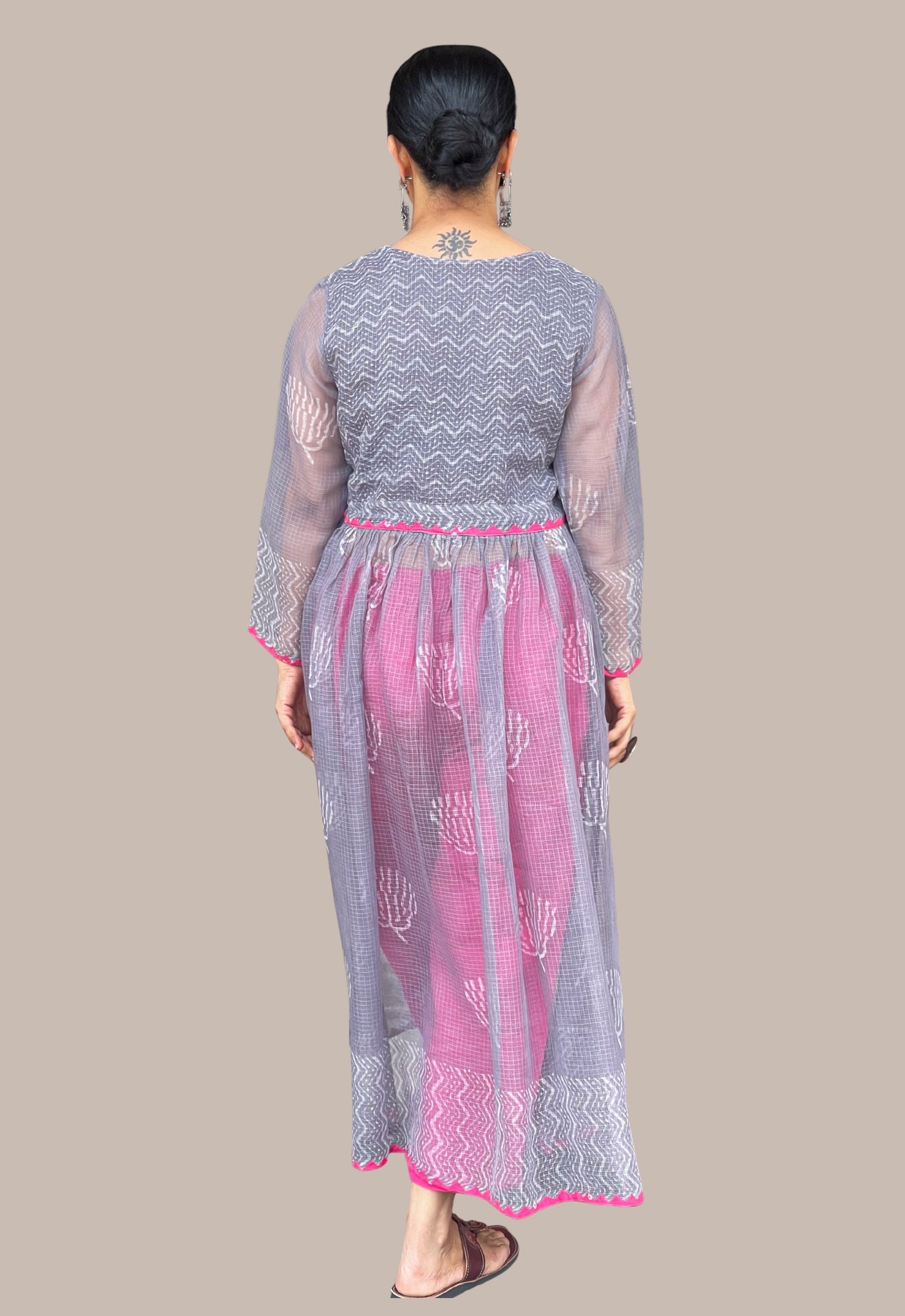 Handblock Printed Natural Dyed Kota Doria Kalidar Side Cut Kurta