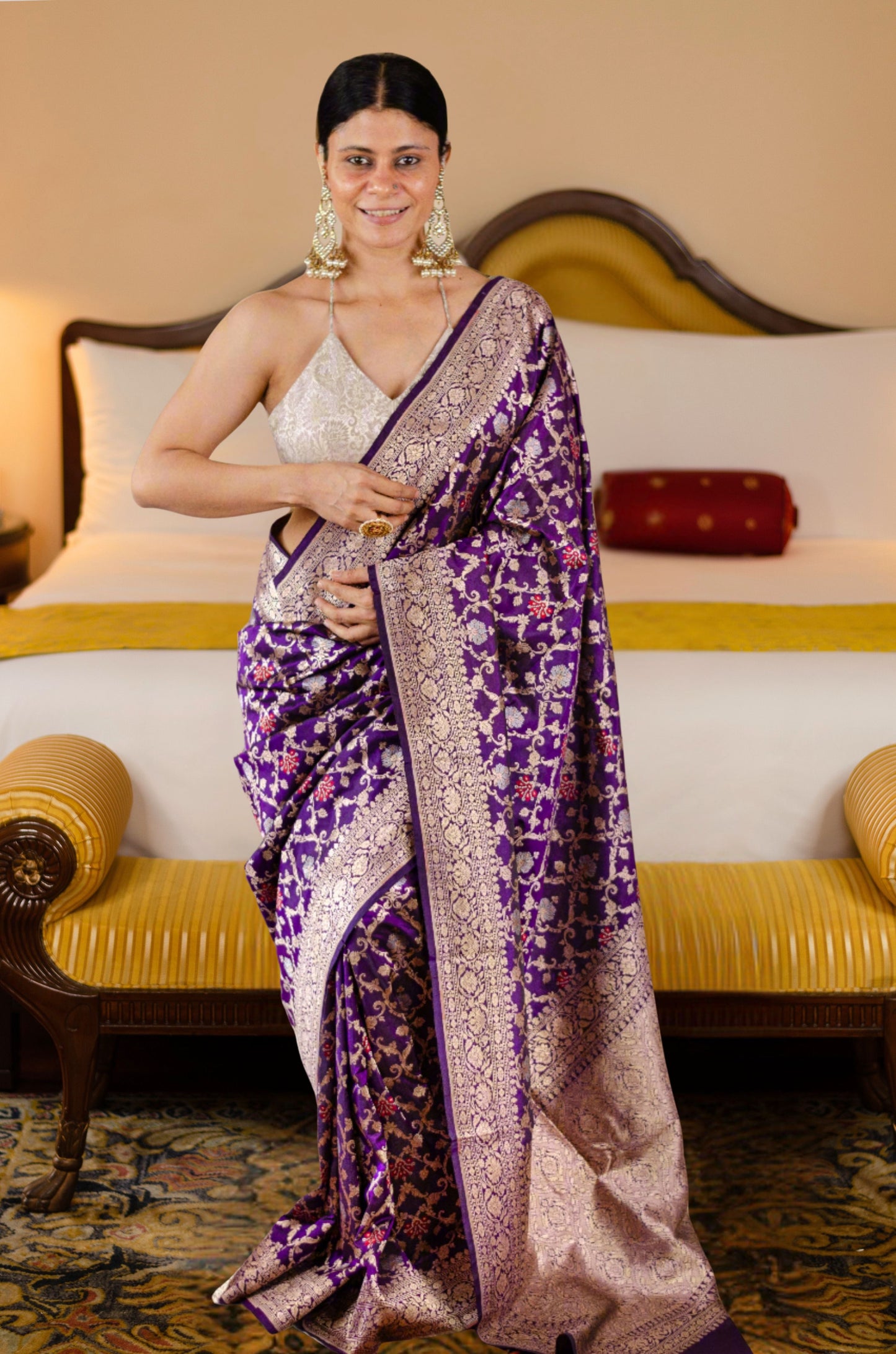 Deep Purple Colour Pure Meenakari /Silver Alfi Jangle Weaving Handloom Katan Mulbery Silk Saree