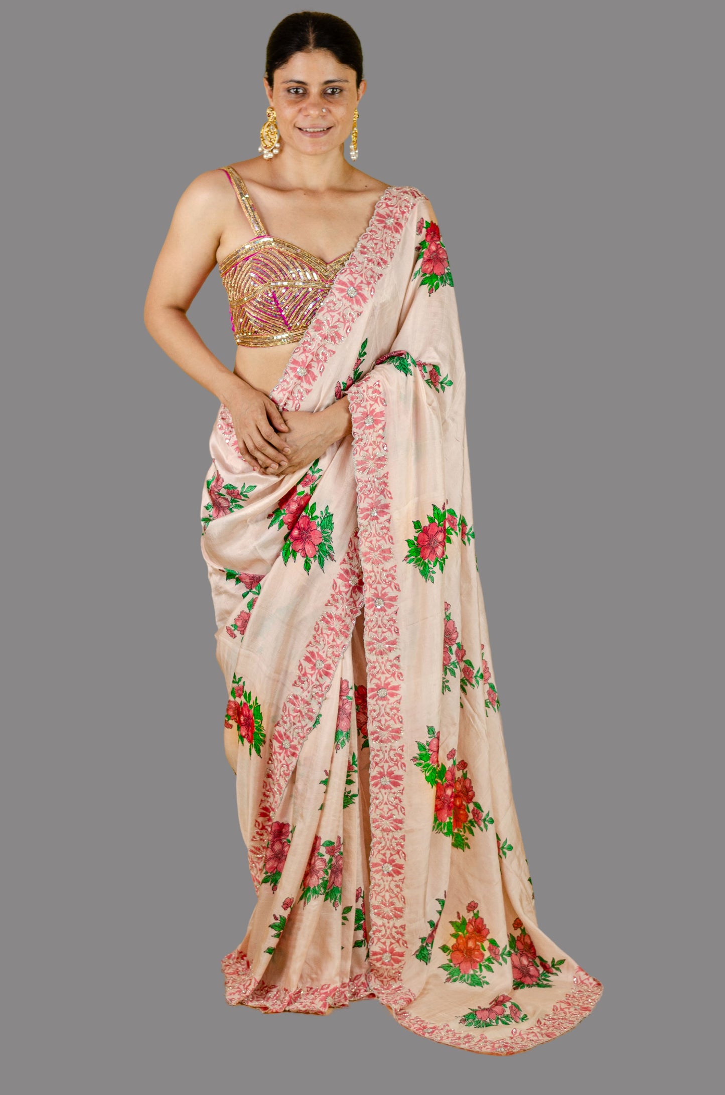 Handloom Hand Block Printed & Hand Embroidered Mulberry Silk Saree