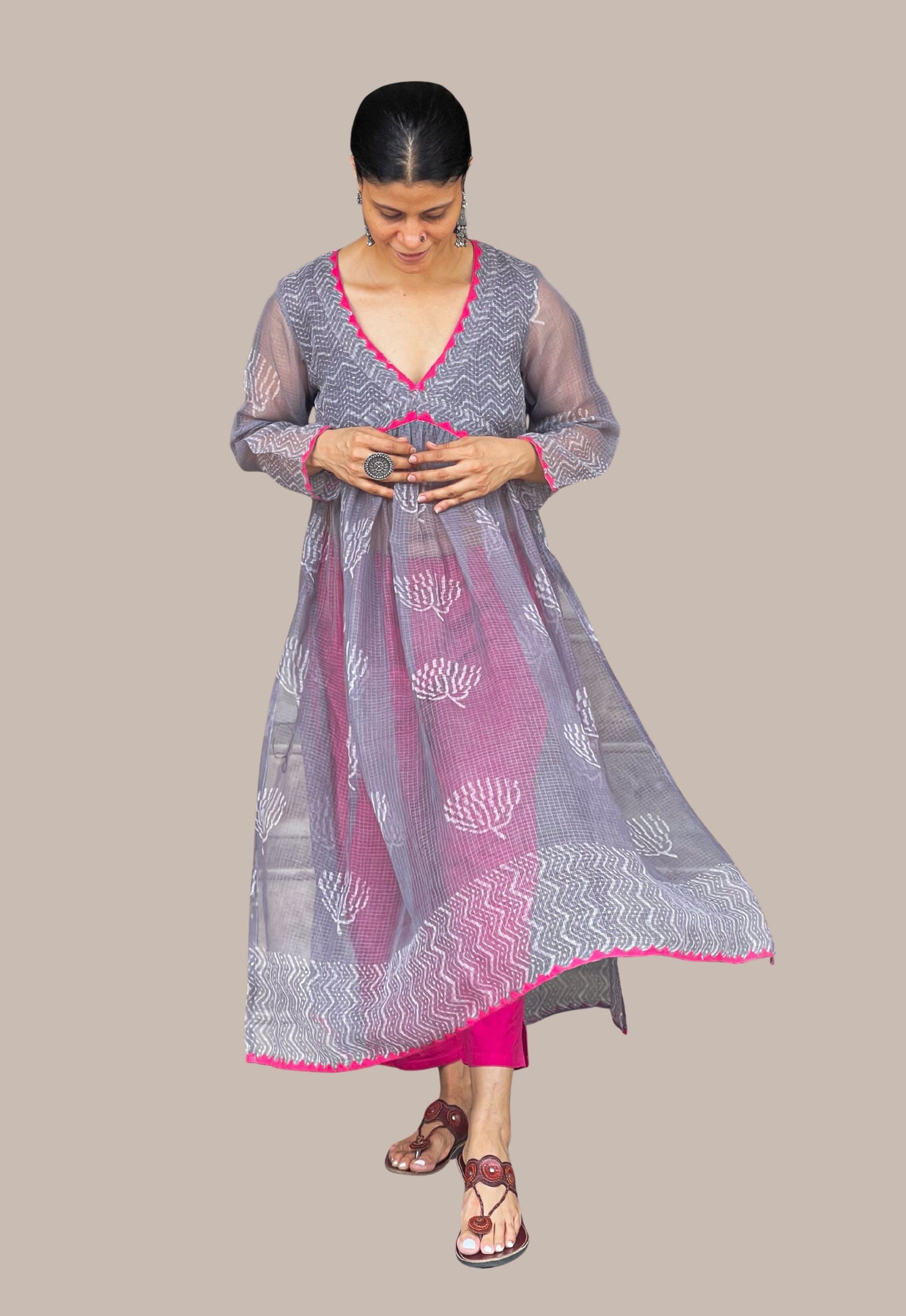 Handblock Printed Natural Dyed Kota Doria Kalidar Side Cut Kurta