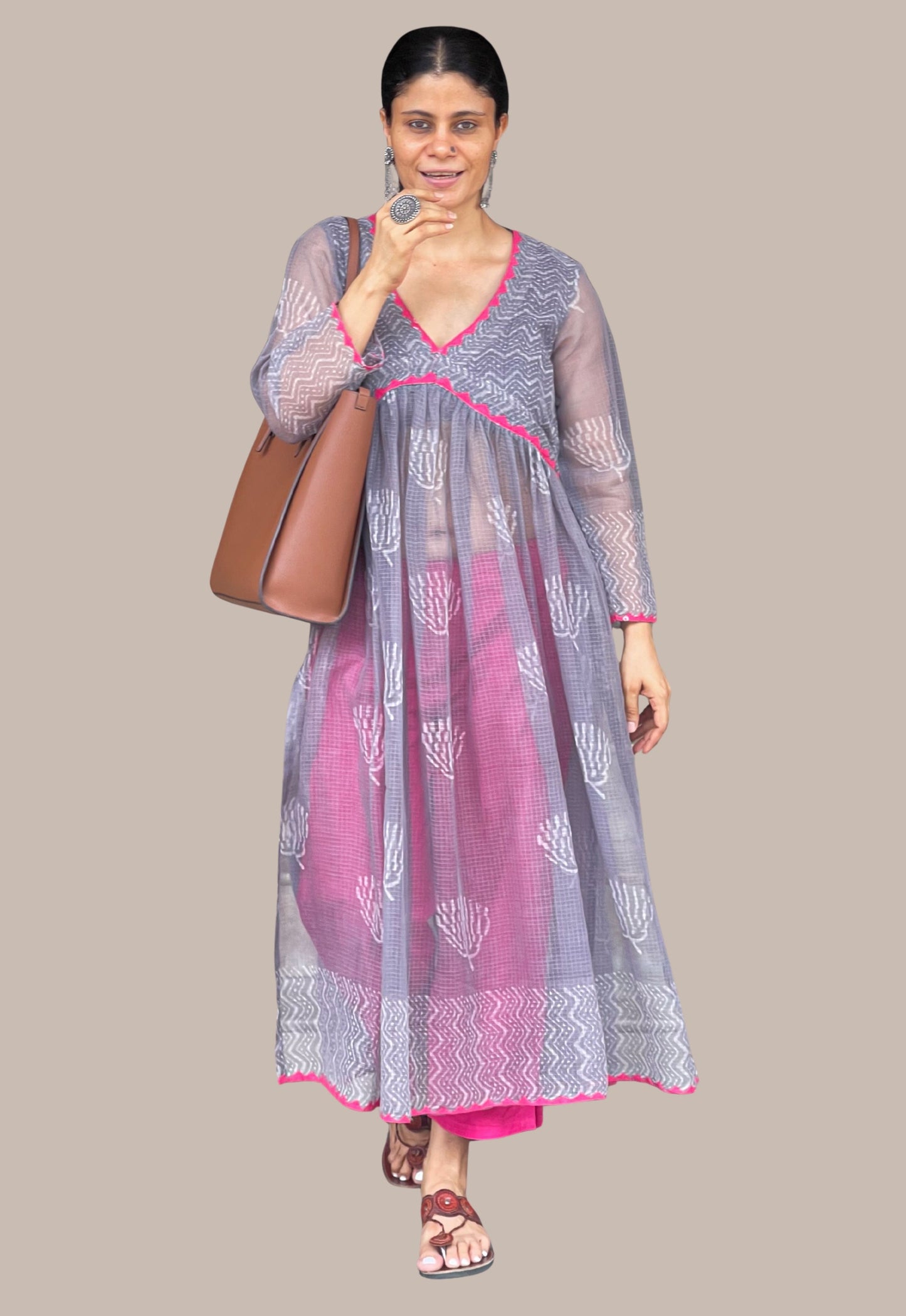 Handblock Printed Natural Dyed Kota Doria Kalidar Side Cut Kurta