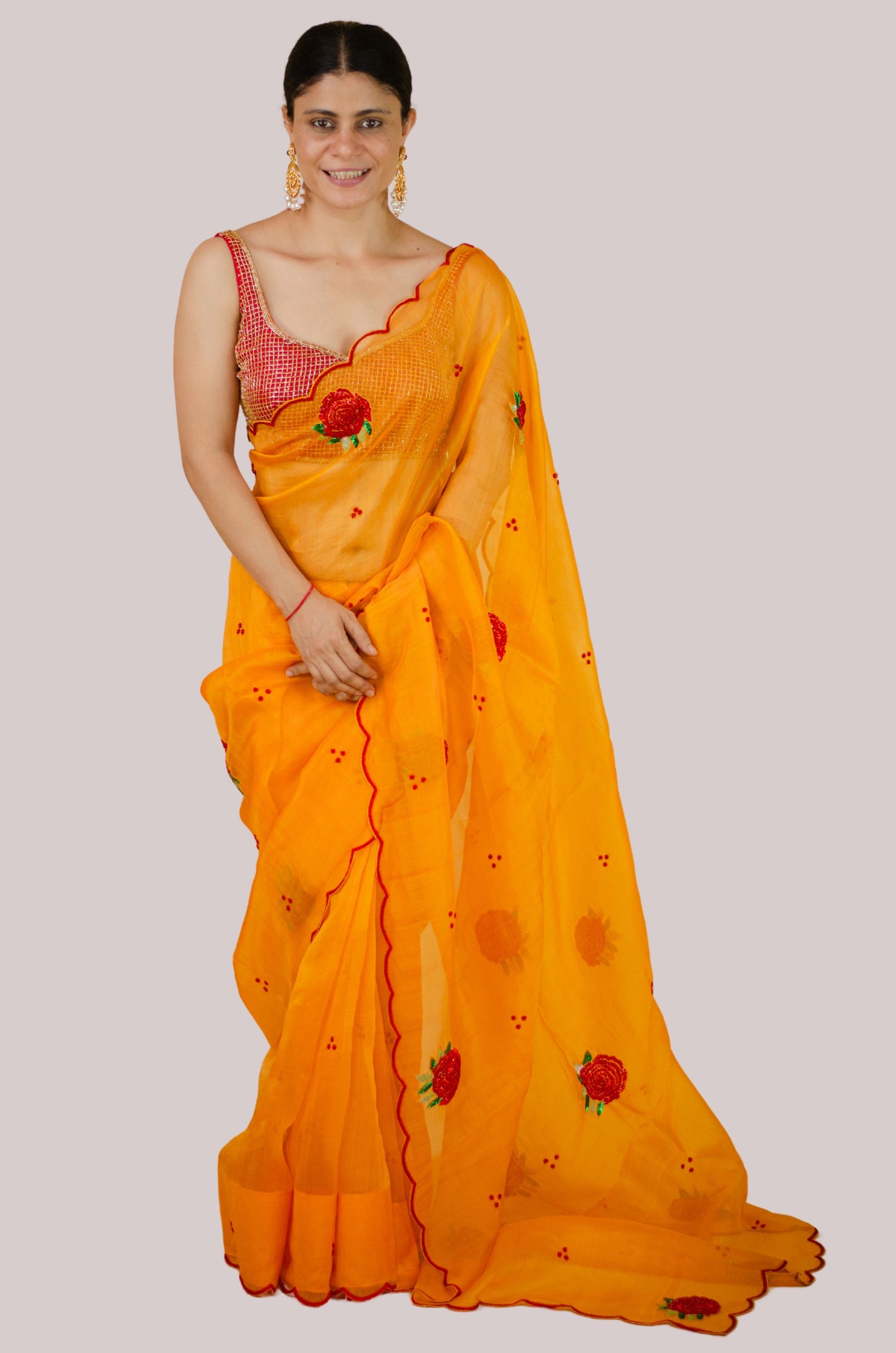 Zardosi and Sequence and Beads Hand Embroidered Handloom Organza Silk Saree