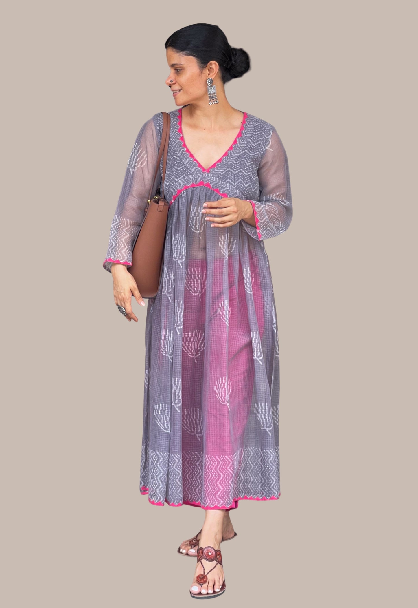 Handblock Printed Natural Dyed Kota Doria Kalidar Side Cut Kurta