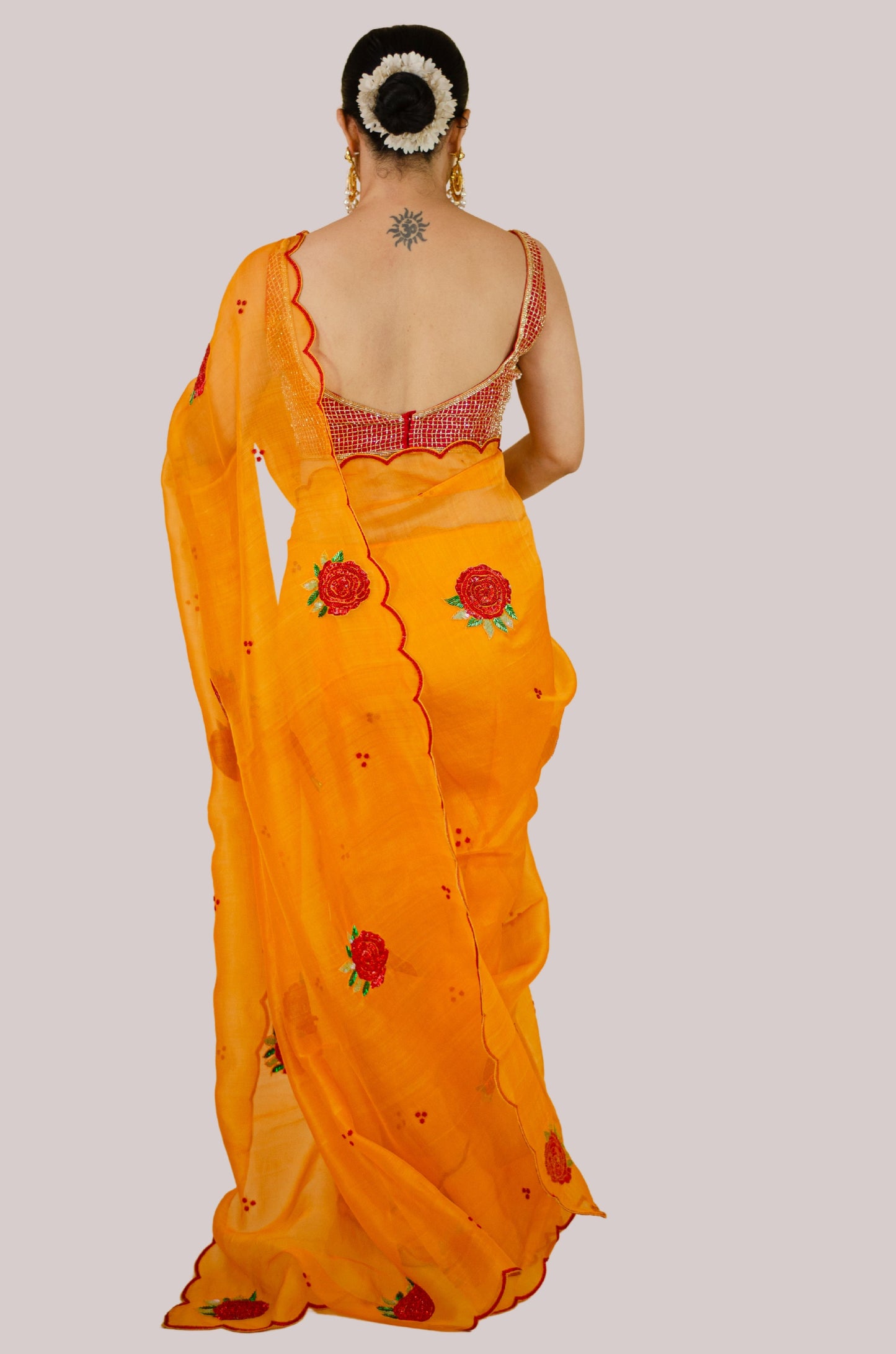 Zardosi and Sequence and Beads Hand Embroidered Handloom Organza Silk Saree