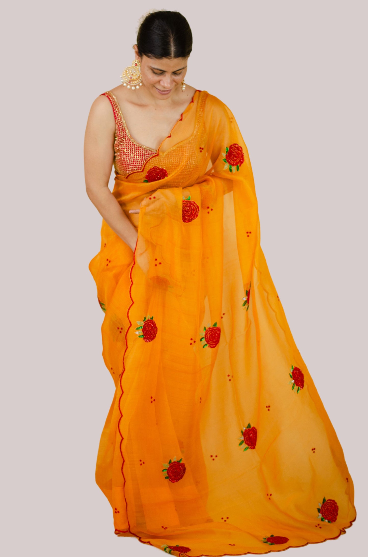 Zardosi and Sequence and Beads Hand Embroidered Handloom Organza Silk Saree