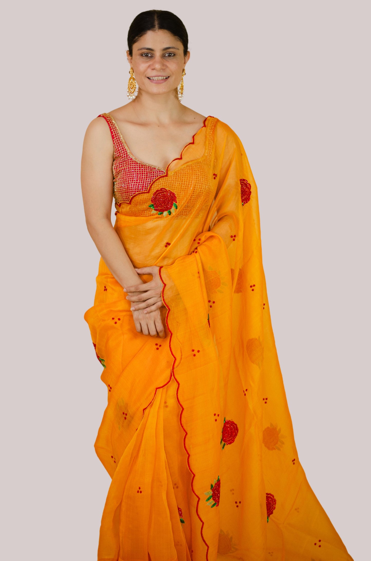 Zardosi and Sequence and Beads Hand Embroidered Handloom Organza Silk Saree