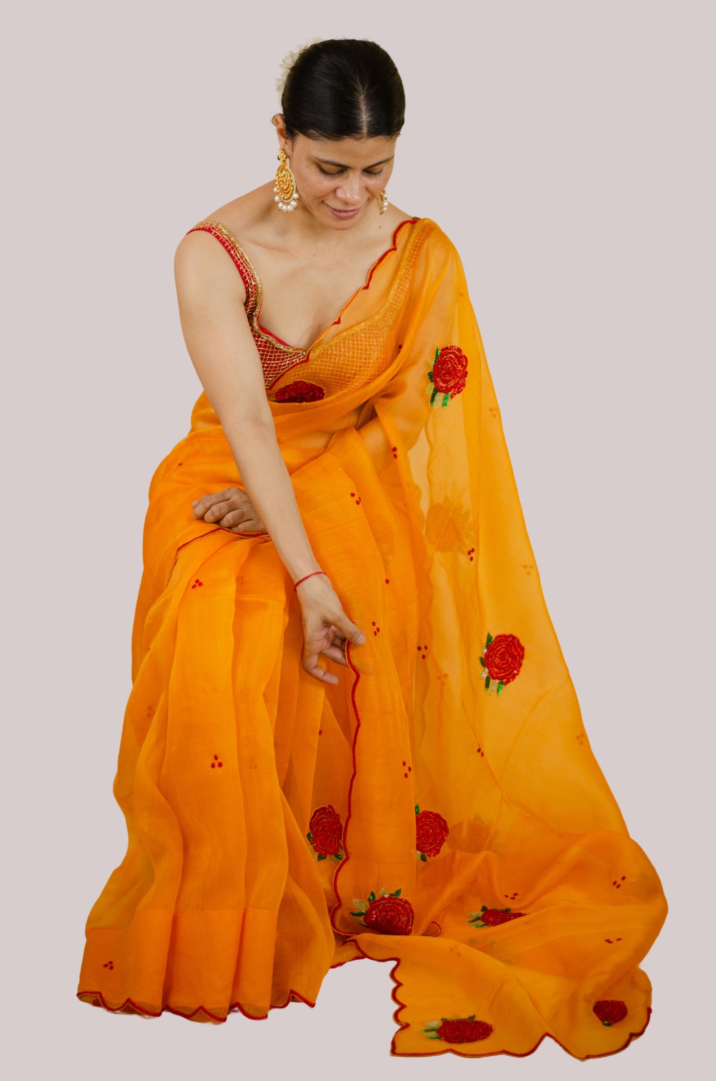 Zardosi and Sequence and Beads Hand Embroidered Handloom Organza Silk Saree