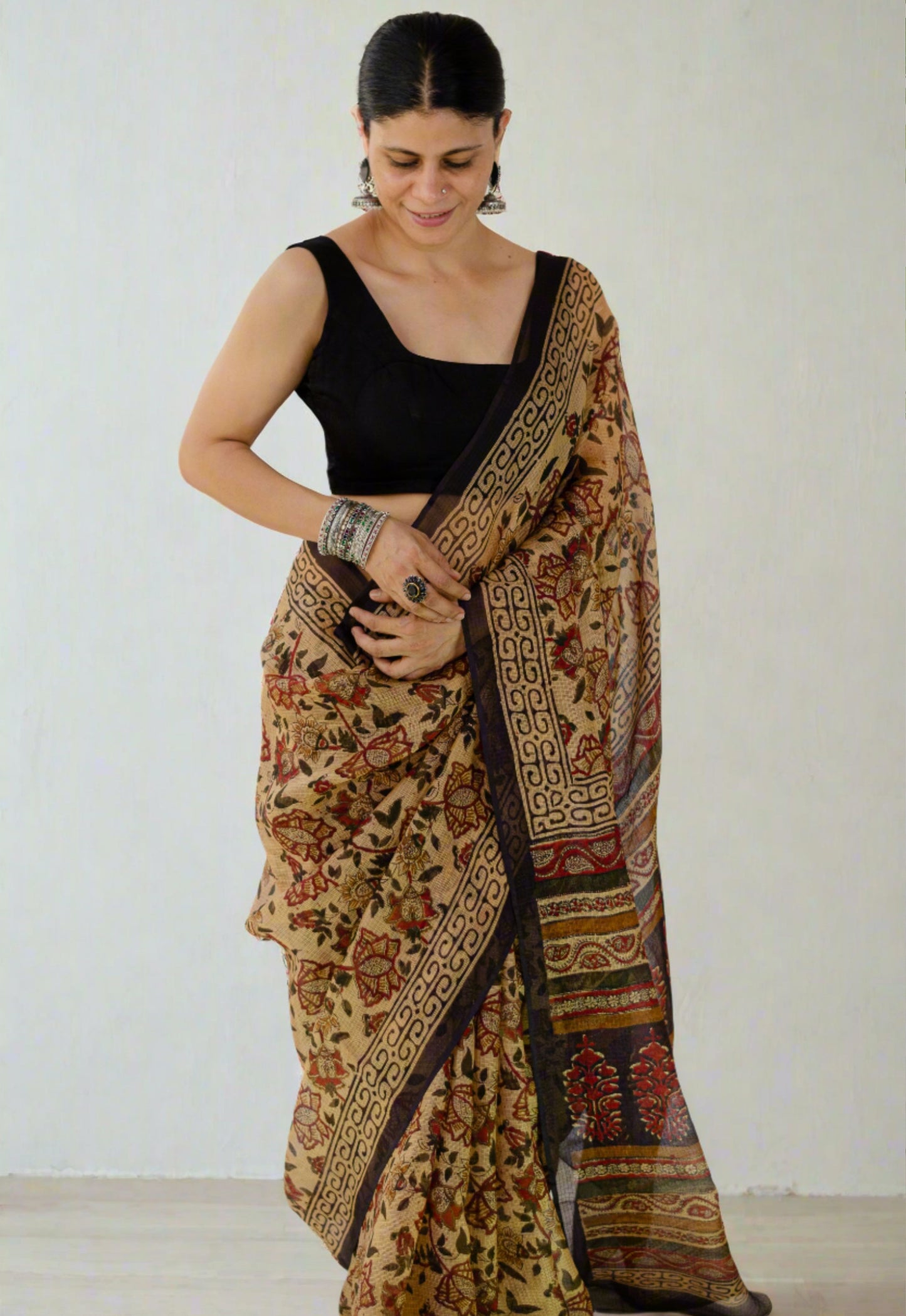 Hand Block Printed Natural Dyed Kota Silk Saree.