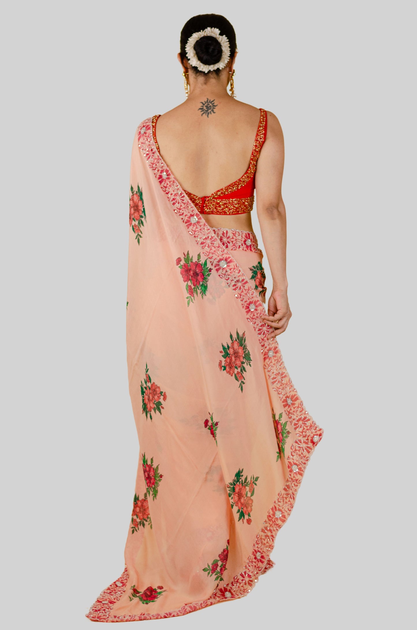 Handloom Hand Block Printed & Hand Embroidered Georgette Silk Saree