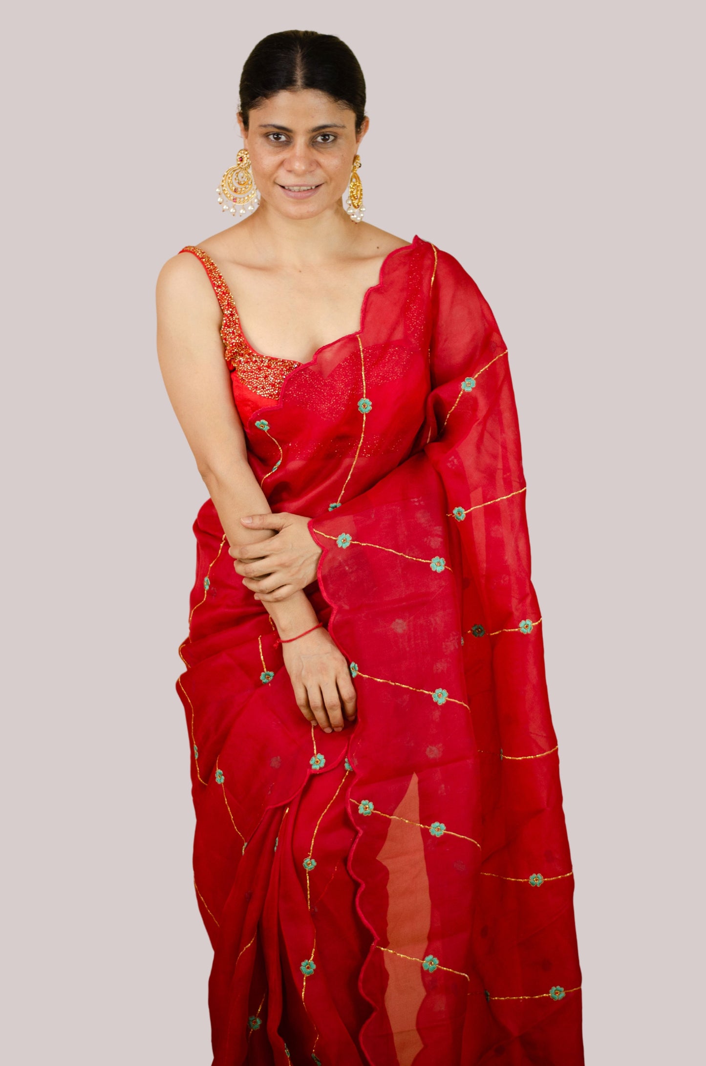 Sequence & Resham thread Hand Embroidered Handloom Organza Silk Saree.