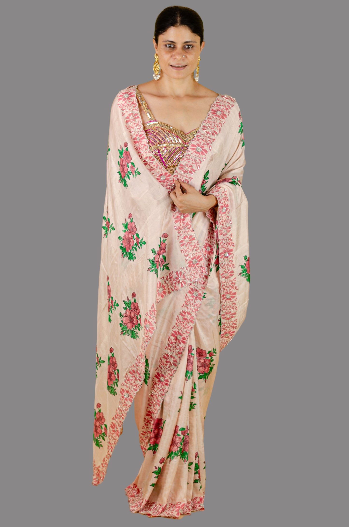 Handloom Hand Block Printed & Hand Embroidered Mulberry Silk Saree