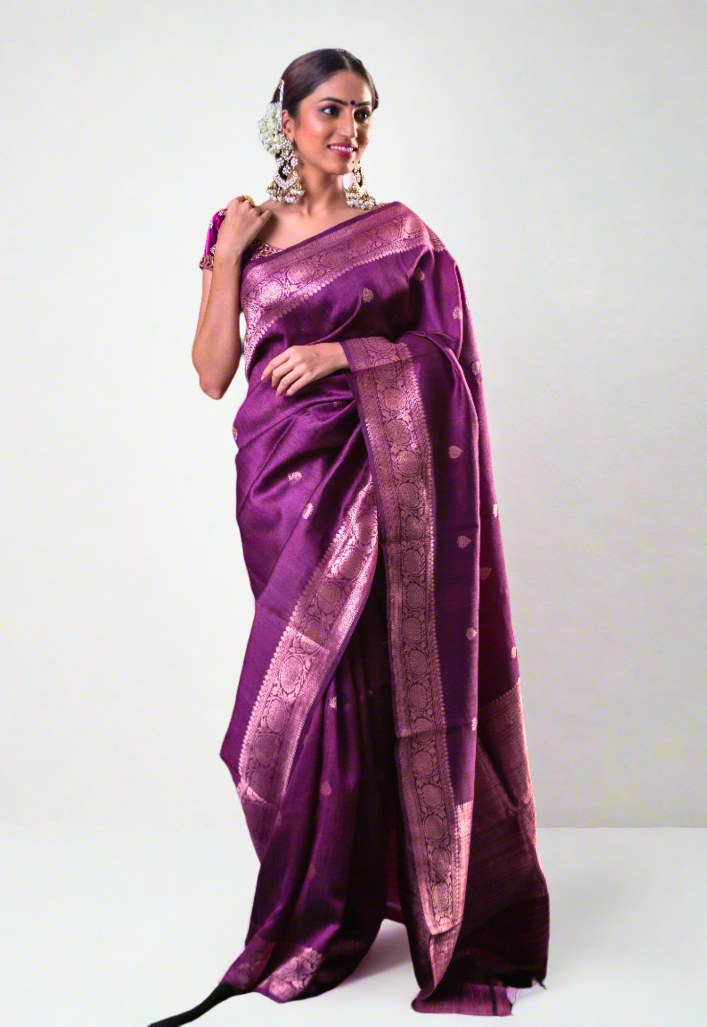 Magenta Handwoven Tussar Silk Kadwa Banarasi Saree