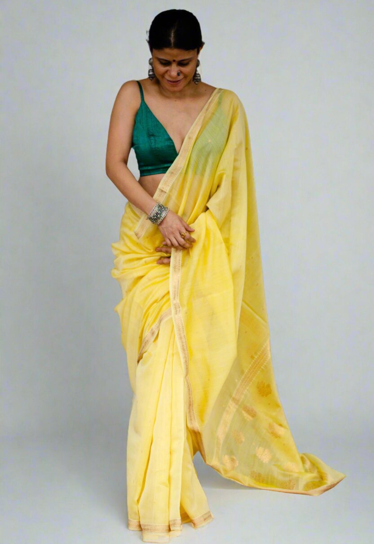 Handloom Cotton Silk Chanderi Saree With Woven Booties & Nakashi Border