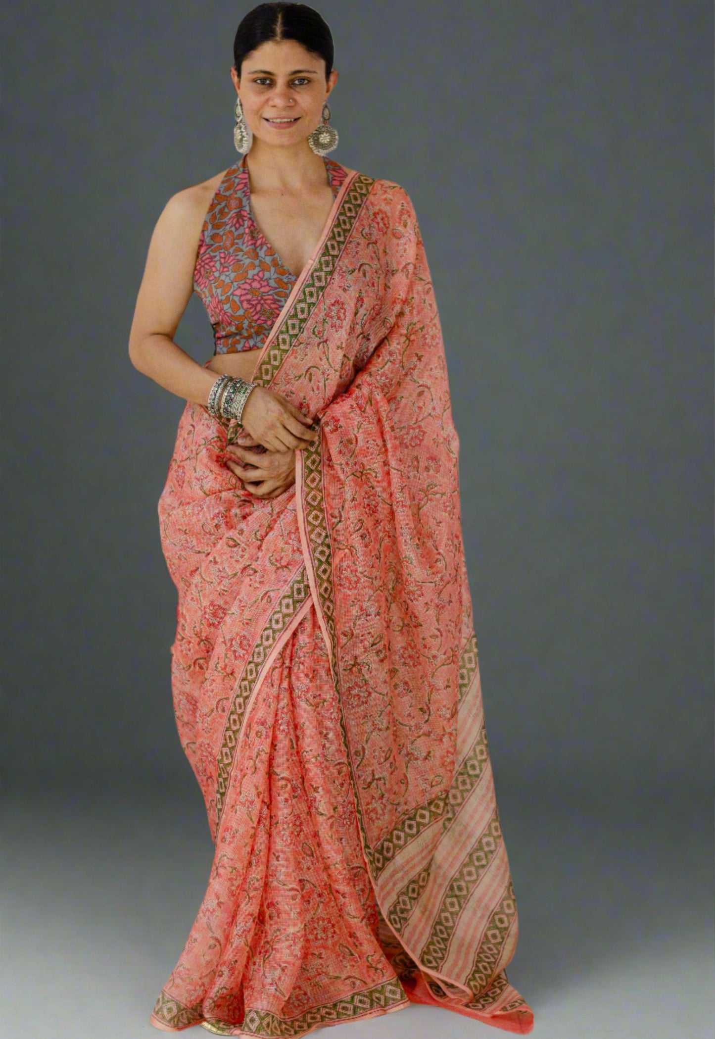 Hand Block Printed Natural Dyed Kota Silk Saree.