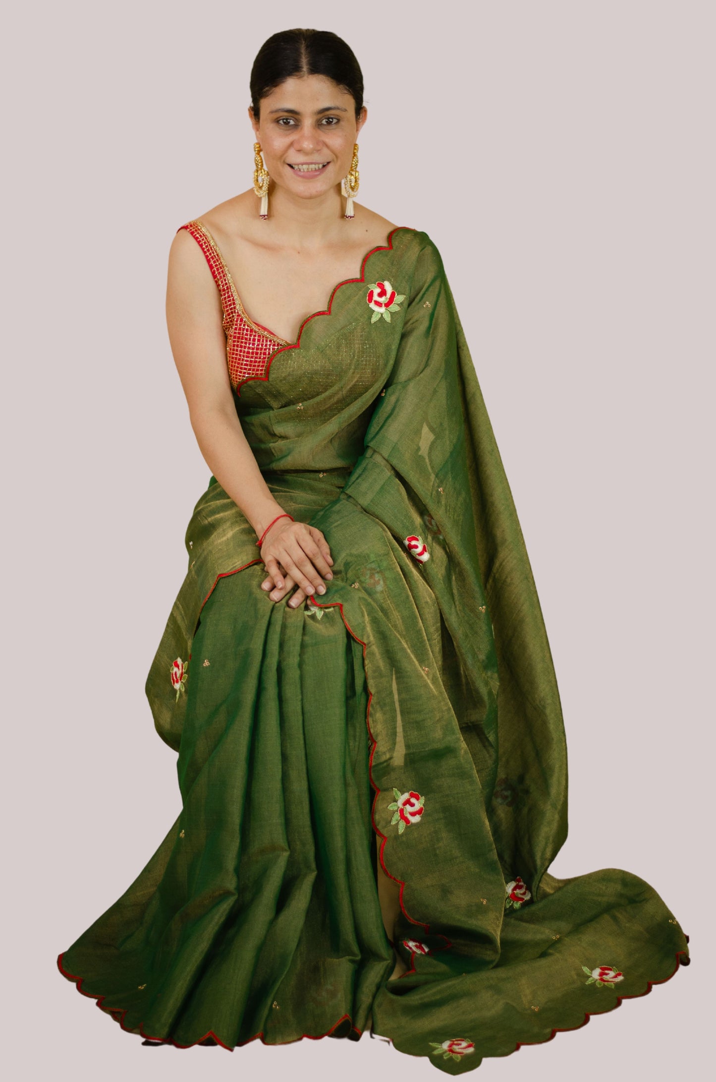 Sequence & Resham thread Hand Embroidered Handloom tissue Silk Saree.
