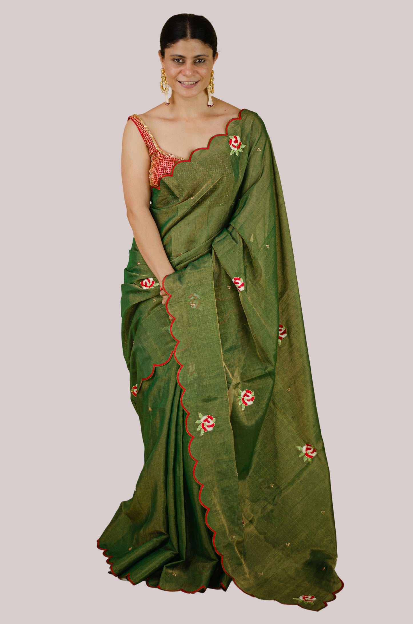Sequence & Resham thread Hand Embroidered Handloom tissue Silk Saree.