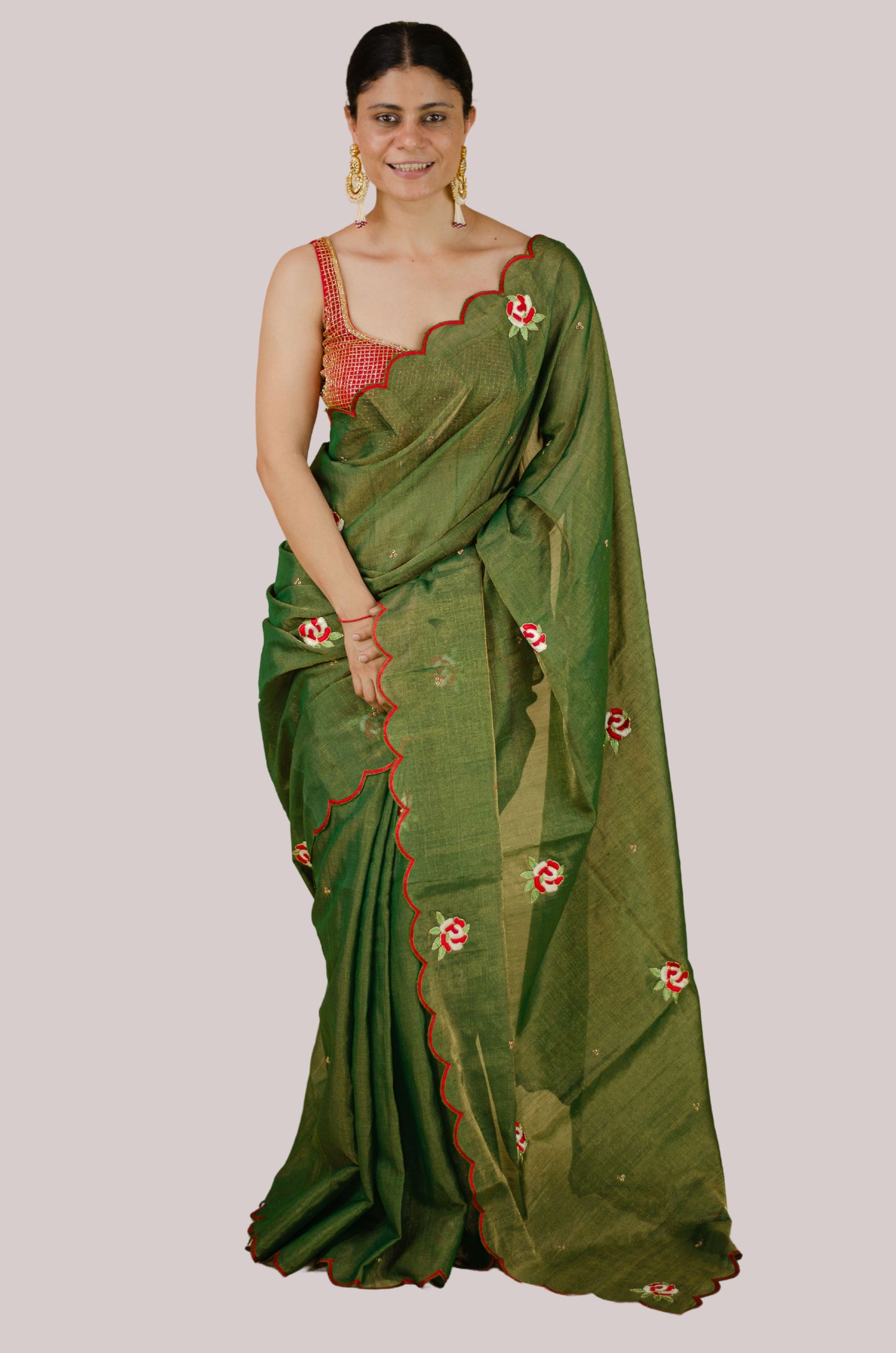 Sequence & Resham thread Hand Embroidered Handloom tissue Silk Saree.