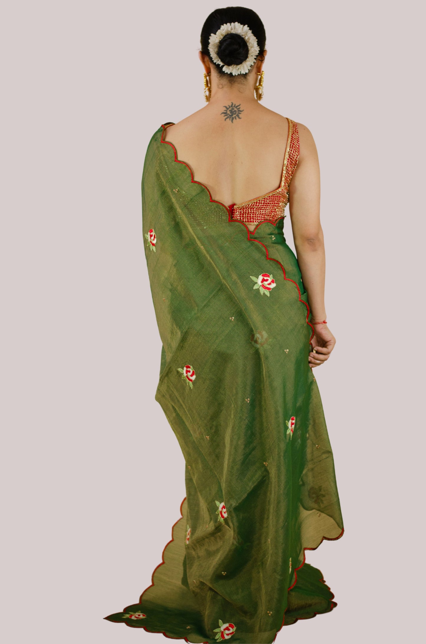 Sequence & Resham thread Hand Embroidered Handloom tissue Silk Saree.