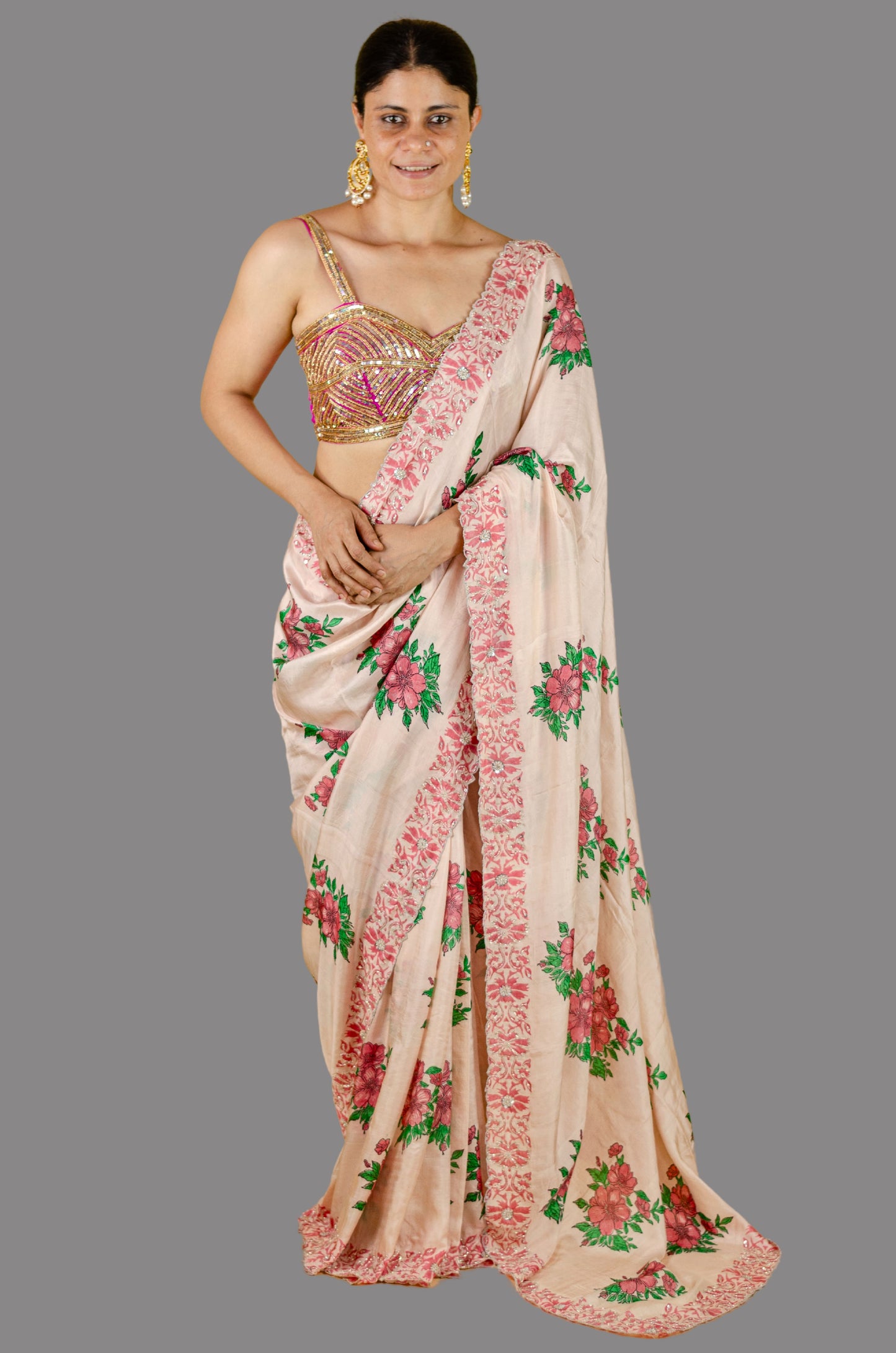 Handloom Hand Block Printed & Hand Embroidered Mulberry Silk Saree
