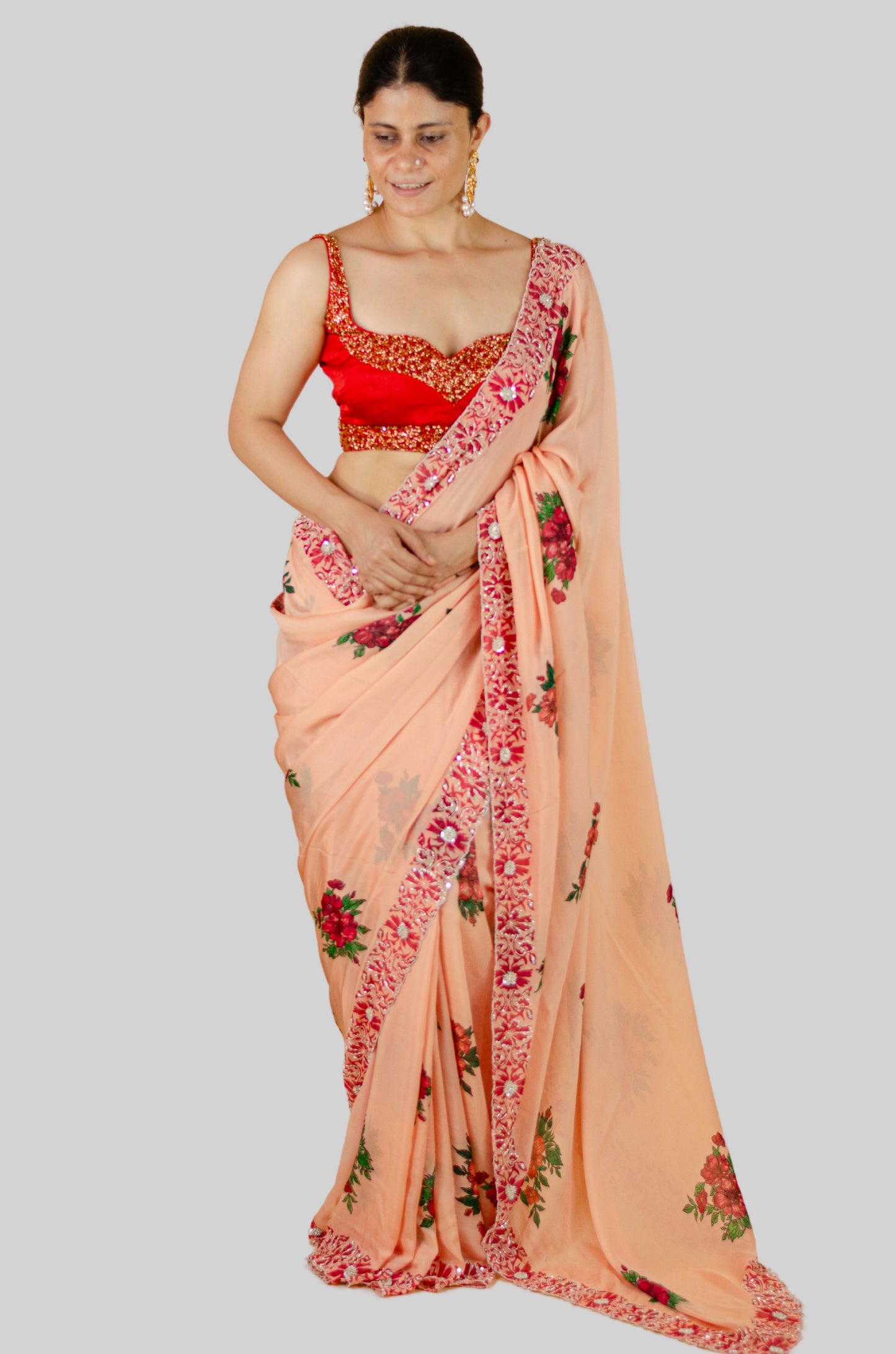 Handloom Hand Block Printed & Hand Embroidered Georgette Silk Saree