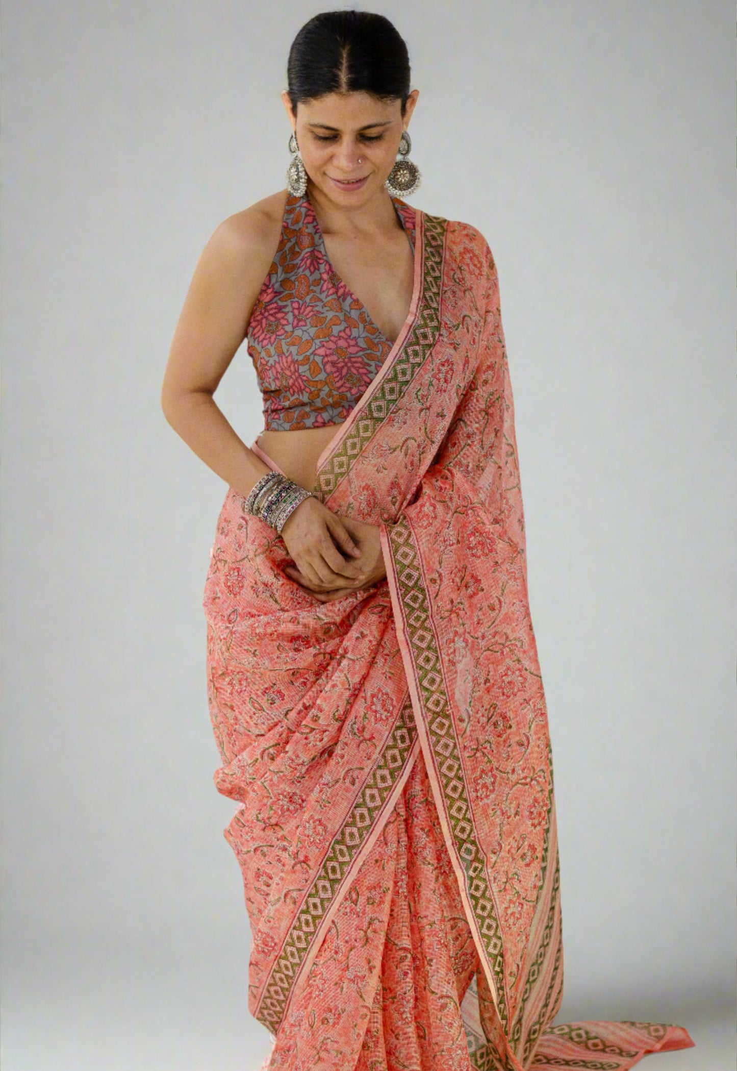 Hand Block Printed Natural Dyed Kota Silk Saree.