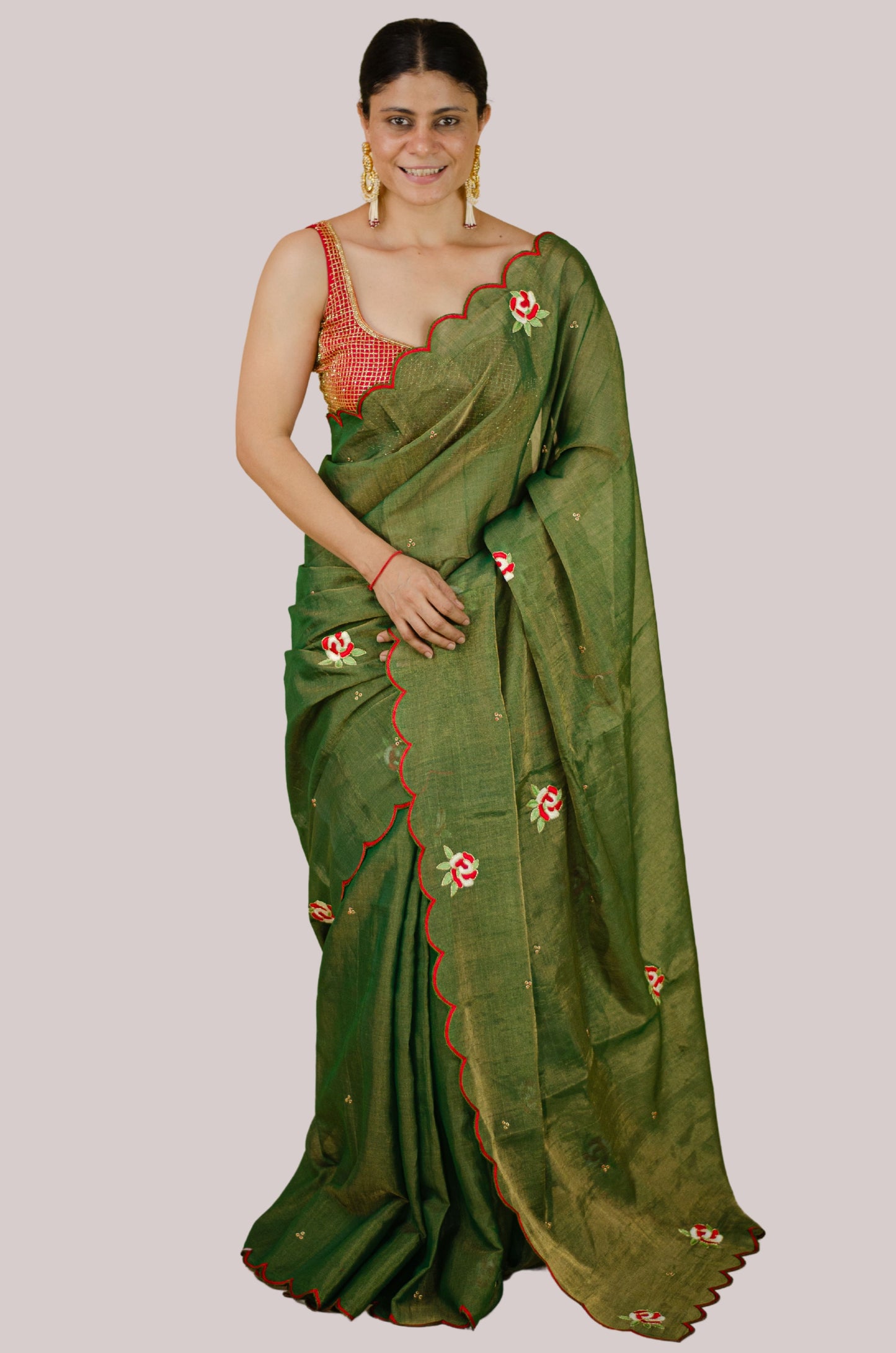 Sequence & Resham thread Hand Embroidered Handloom tissue Silk Saree.