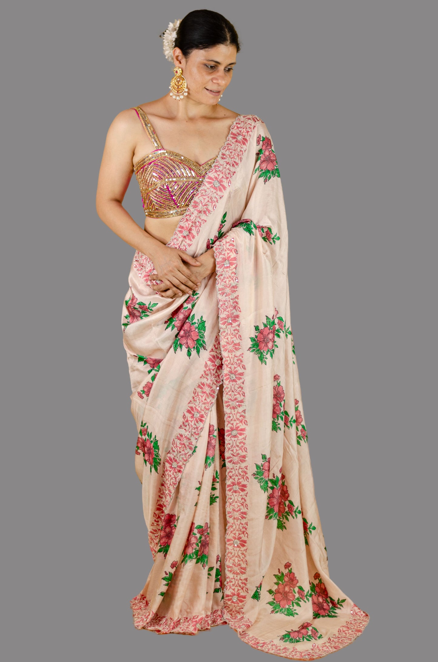 Handloom Hand Block Printed & Hand Embroidered Mulberry Silk Saree