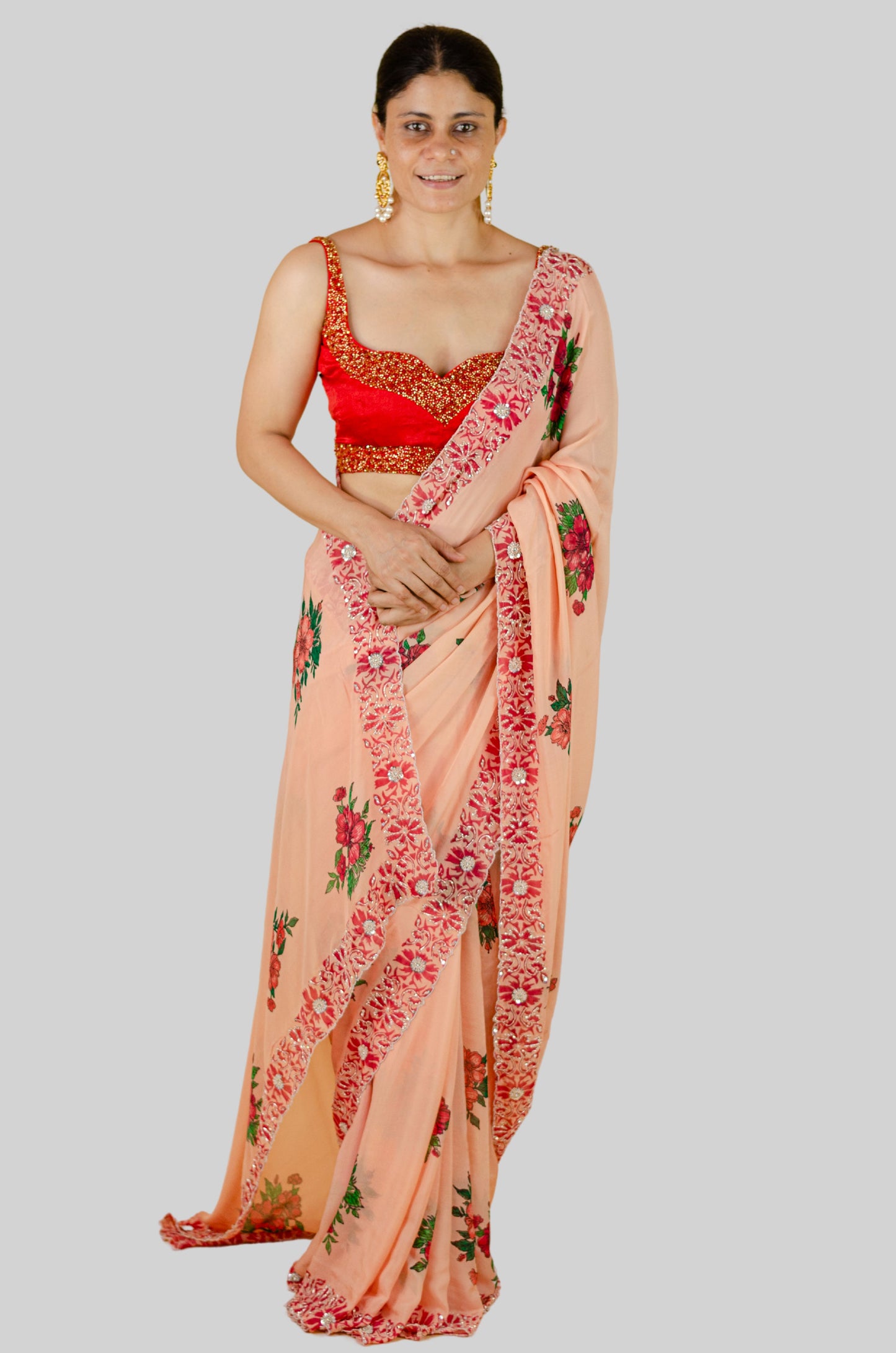 Handloom Hand Block Printed & Hand Embroidered Georgette Silk Saree